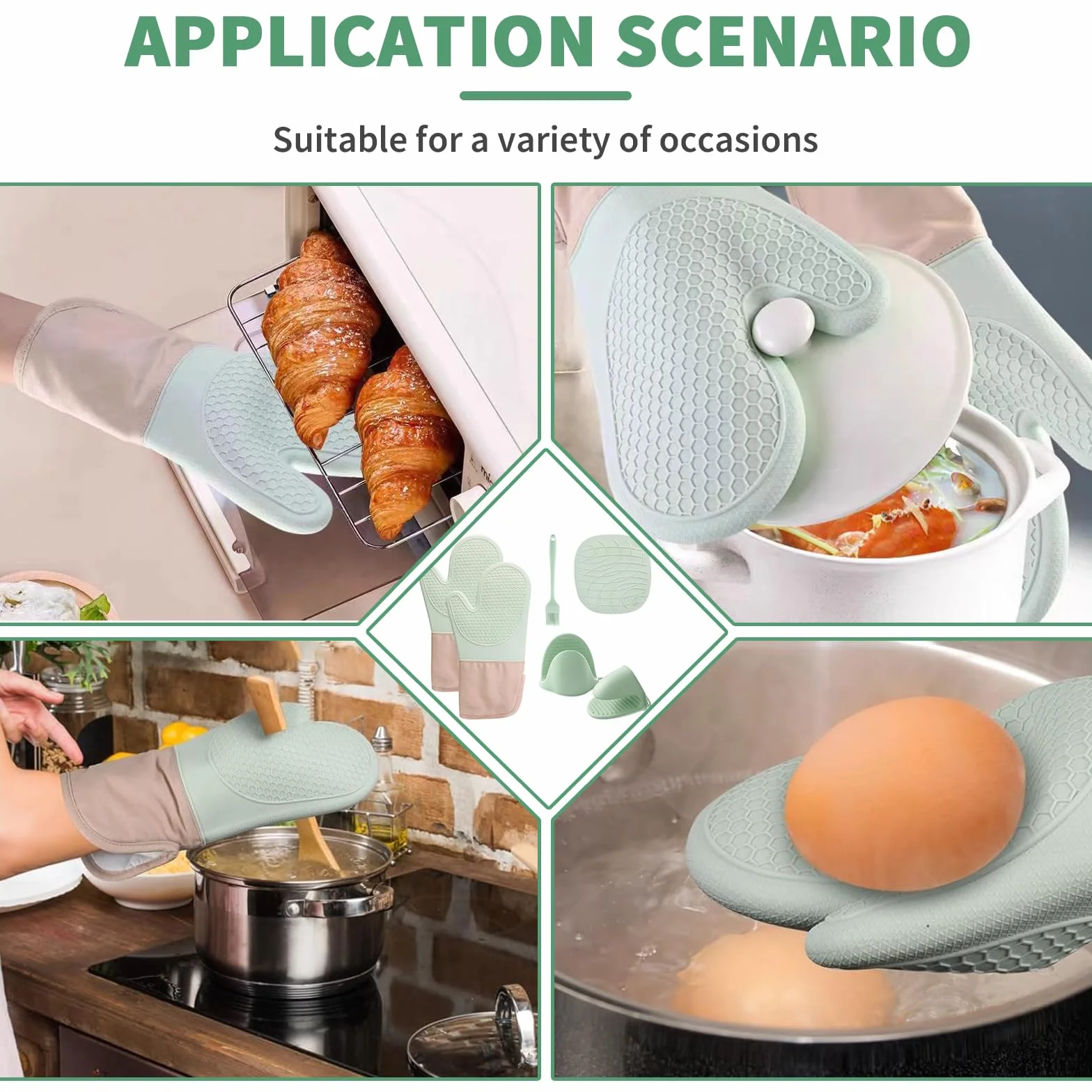 Rękawice do Piekarnika - Ofenhandschuhe Silikon 6er Set – Hitzebeständige Handschuhe in Mintgrün für sicheres Kochen, Backen und Grillen. Mit Baumwolle und Silikon, für optimalen Schutz in der Küche