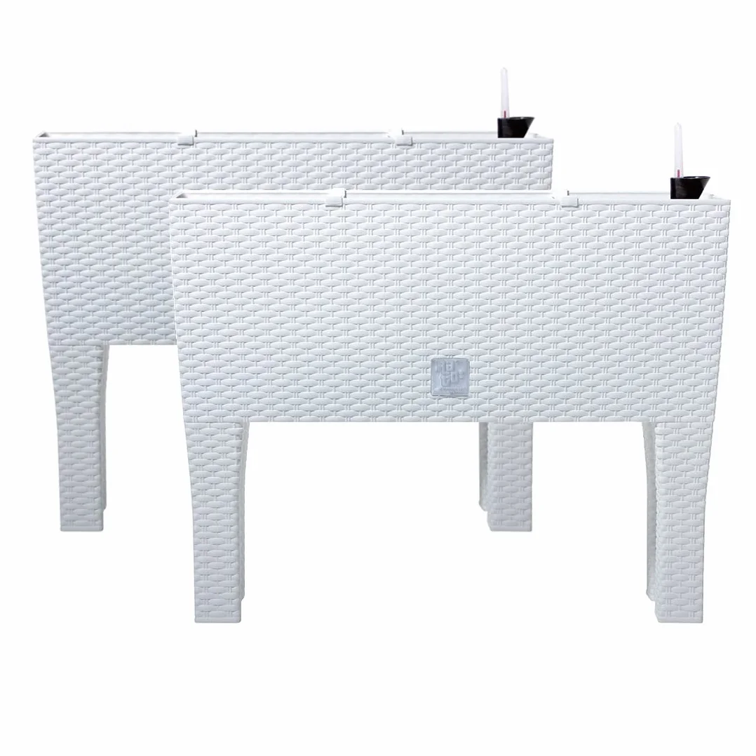 PAFEN 2 x doniczka na kwiaty z nóżkami – 595 x 240 x 460 mm – donica na rośliny, imitacja rattanu, wskaźnik poziomu wody, skrzynka balkonowa, skrzynka na rośliny, kolor biały