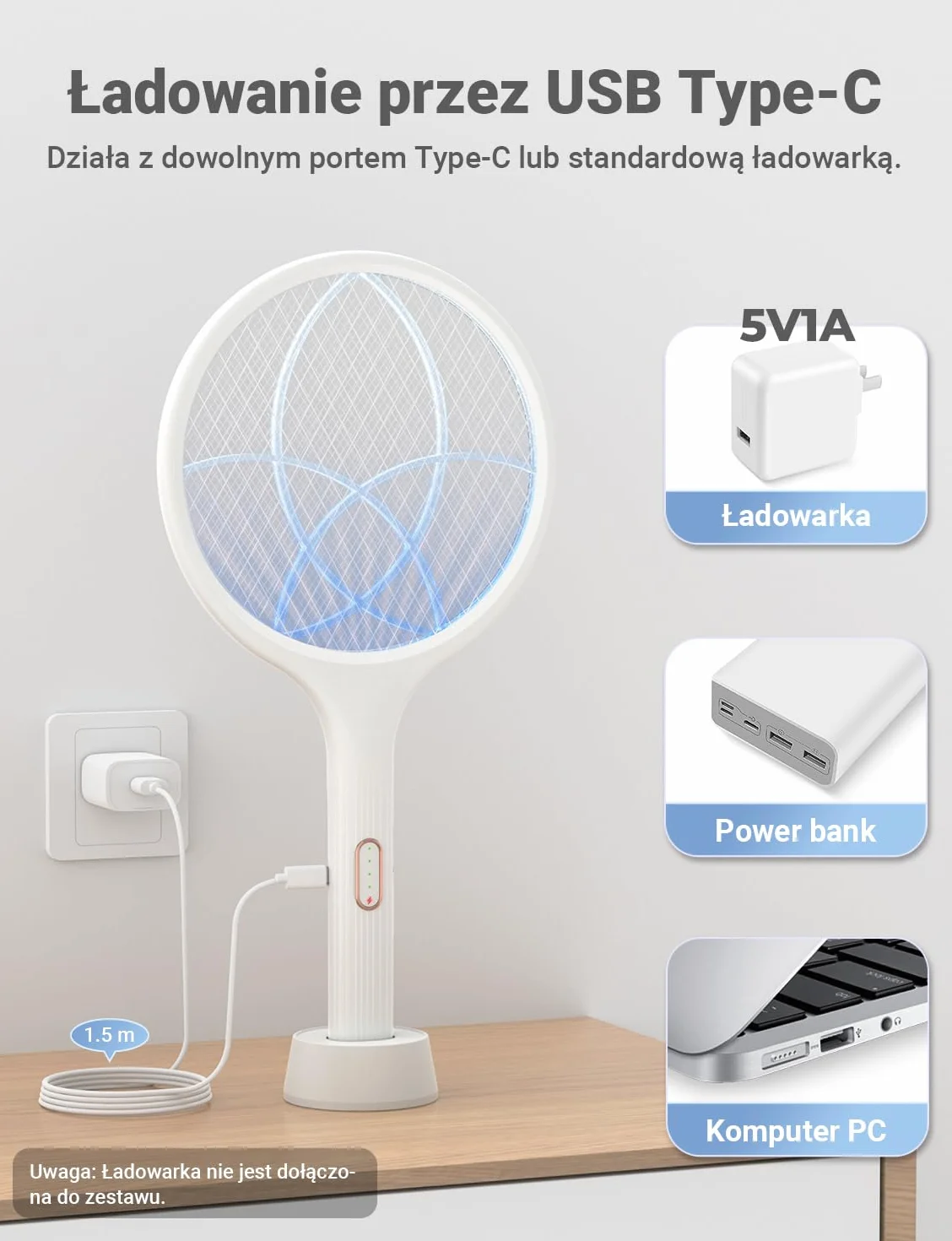 YISSVIC Elektryczna łapka na komary Extra Strong 4000 V 2 w 1 USB C z akumulatorem Akumulatorowa ze stabilną podstawą pułapką na światło UV Przeciw komarom Muchom Biały