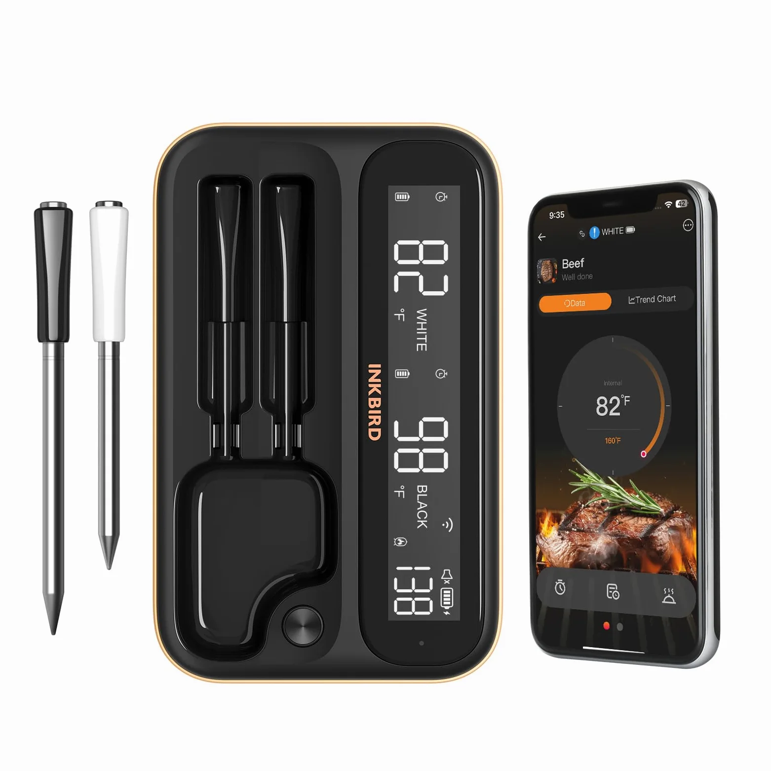 INKBIRD Inteligentny bezprzewodowy termometr do mięsa 5 GHz INT-12-BW, Bluetooth, WiFi, sonda do mięsa z dwoma sondami, podświetlany wyświetlacz LCD i inteligentna aplikacja do grilla, piekarnika