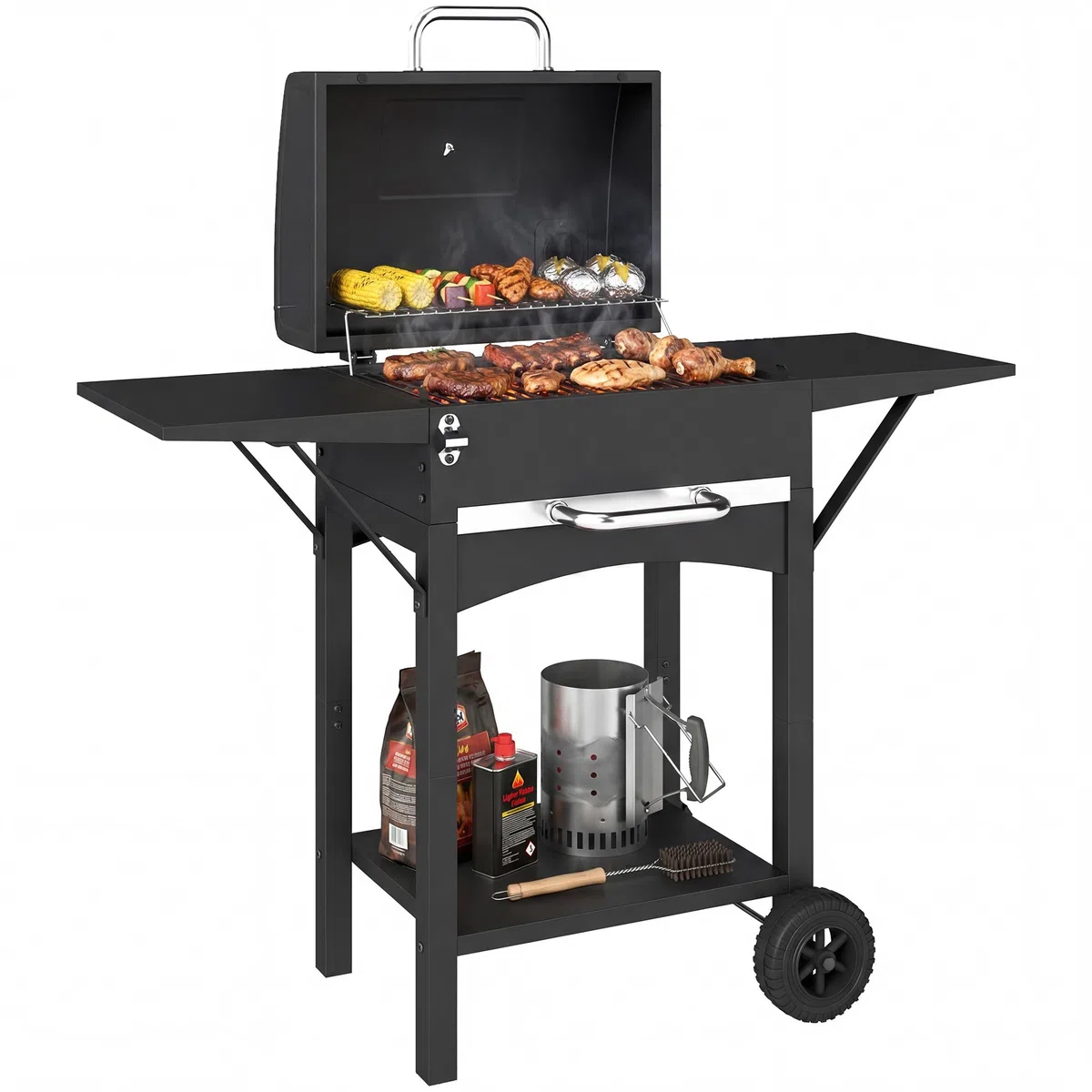 Outsunny grill węglowy z pokrywą, BBQ Smoker z 2 bocznymi stolikami, dużą powierzchnią grillową, rusztem, termometrem i kółkami, wózek grillowy 110 x 46,5 x 101 cm, czarny
