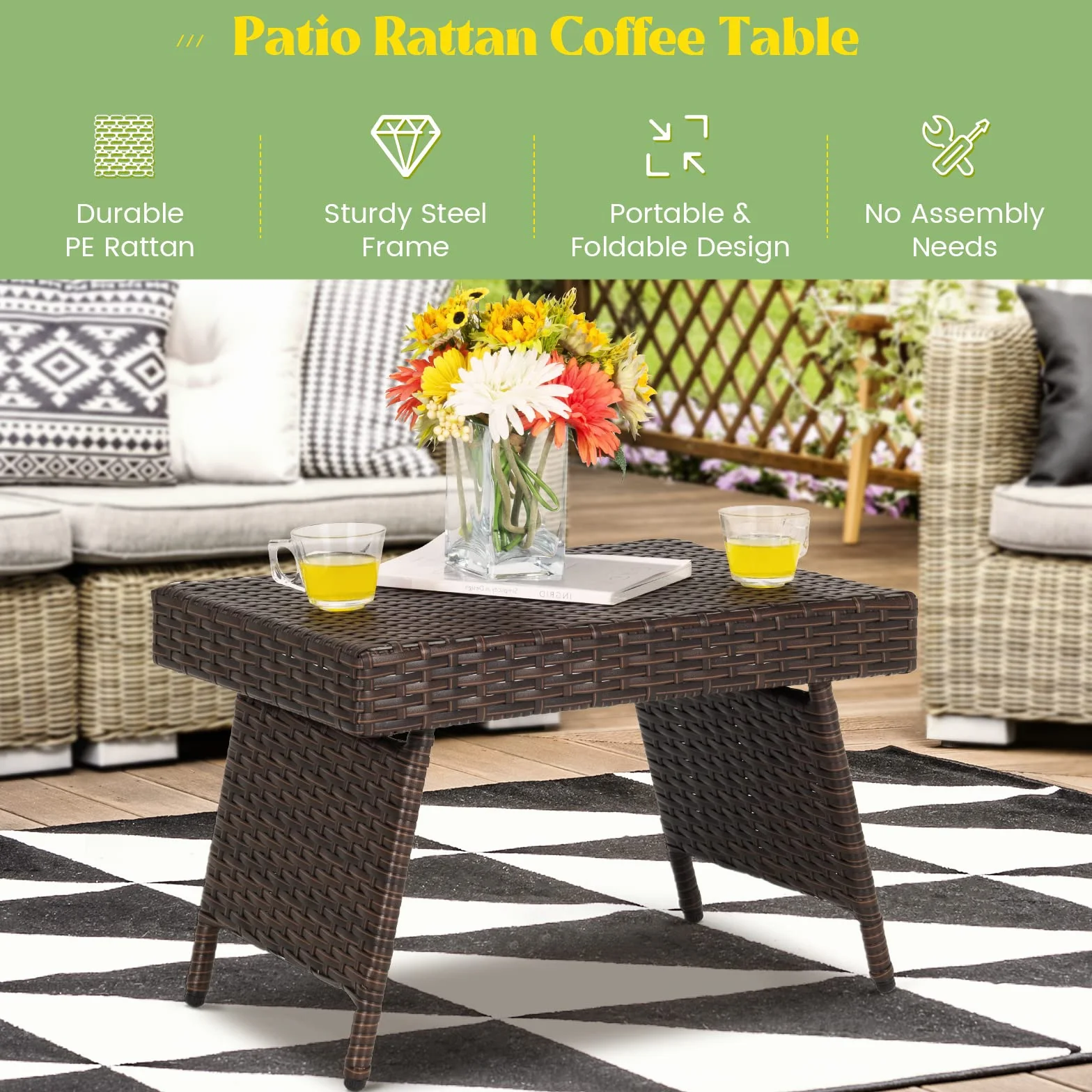 COSTWAY rattanowy składany stolik boczny, polietylenowy stolik kawowy ogrodowy bistro, 60 x 40 x 40 cm stolik kawowy do ogrodu salonu balkonu brązowy (z blatem PCV)