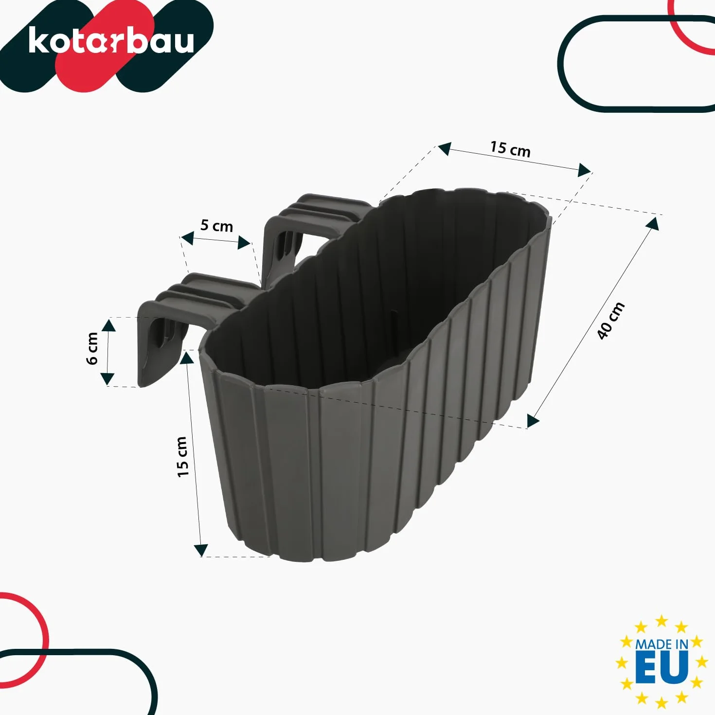 KOTARBAU® Doniczka Balkonowa na Balustradę - 40 x 15 x 15 cm - Skrzynka Plastikowa na Balkon - Owalna - Rustykalna - Szara - Zestaw 2 SZT