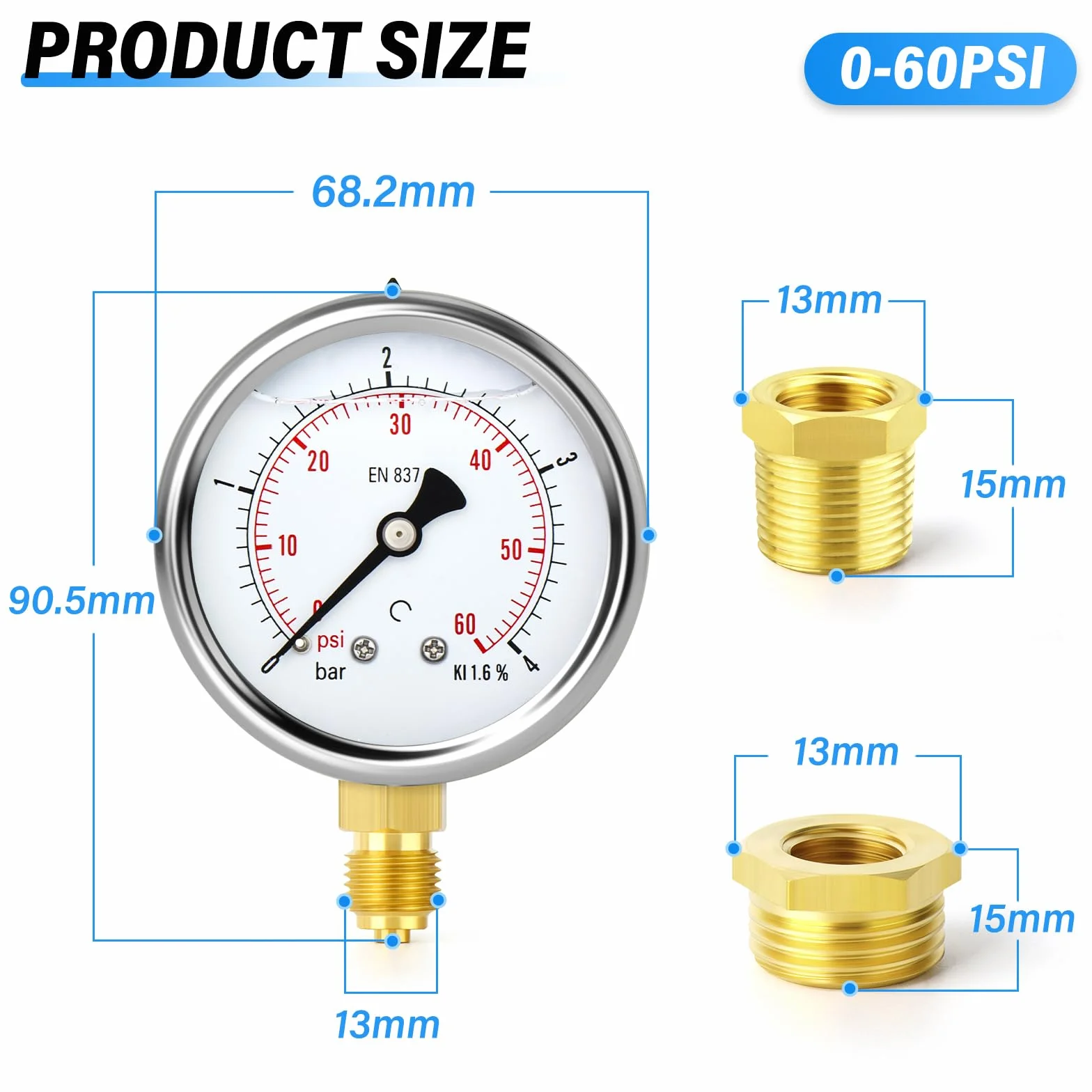 TAILONZ PNEUMATIC Manometr wypełniony płynem 0-4 bar stal szlachetna 1/4" BSP 2,5" DIAL WOG