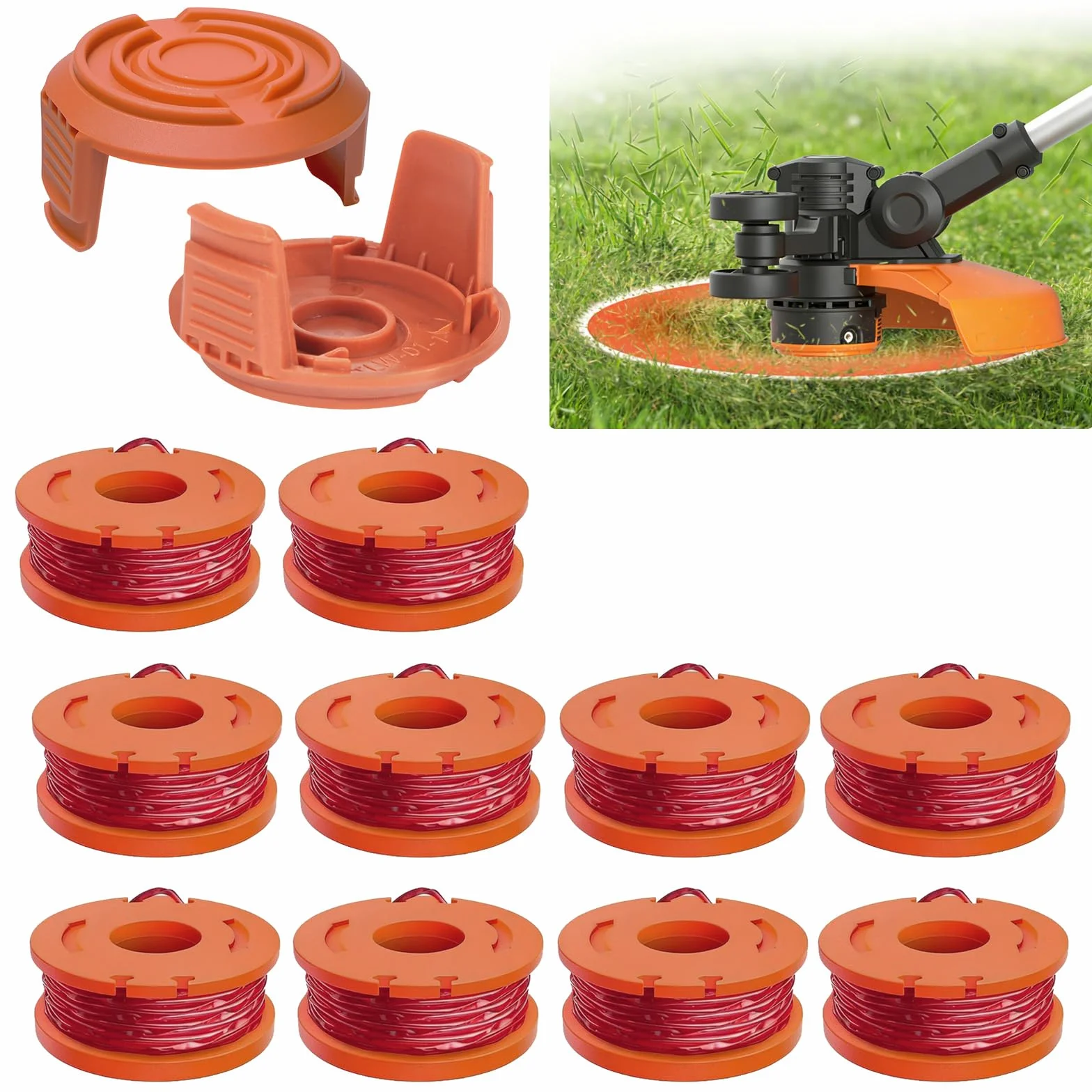 Gucass Zestaw 12 zapasowych szpul z żyłką do podkaszarki, kompatybilny ze wszystkimi podkaszarkami Worx 20 V, średnica 1,65 mm, 3 m, zawiera 10 opakowań żyłki do podkaszarki i 2 opakowania zaślepek