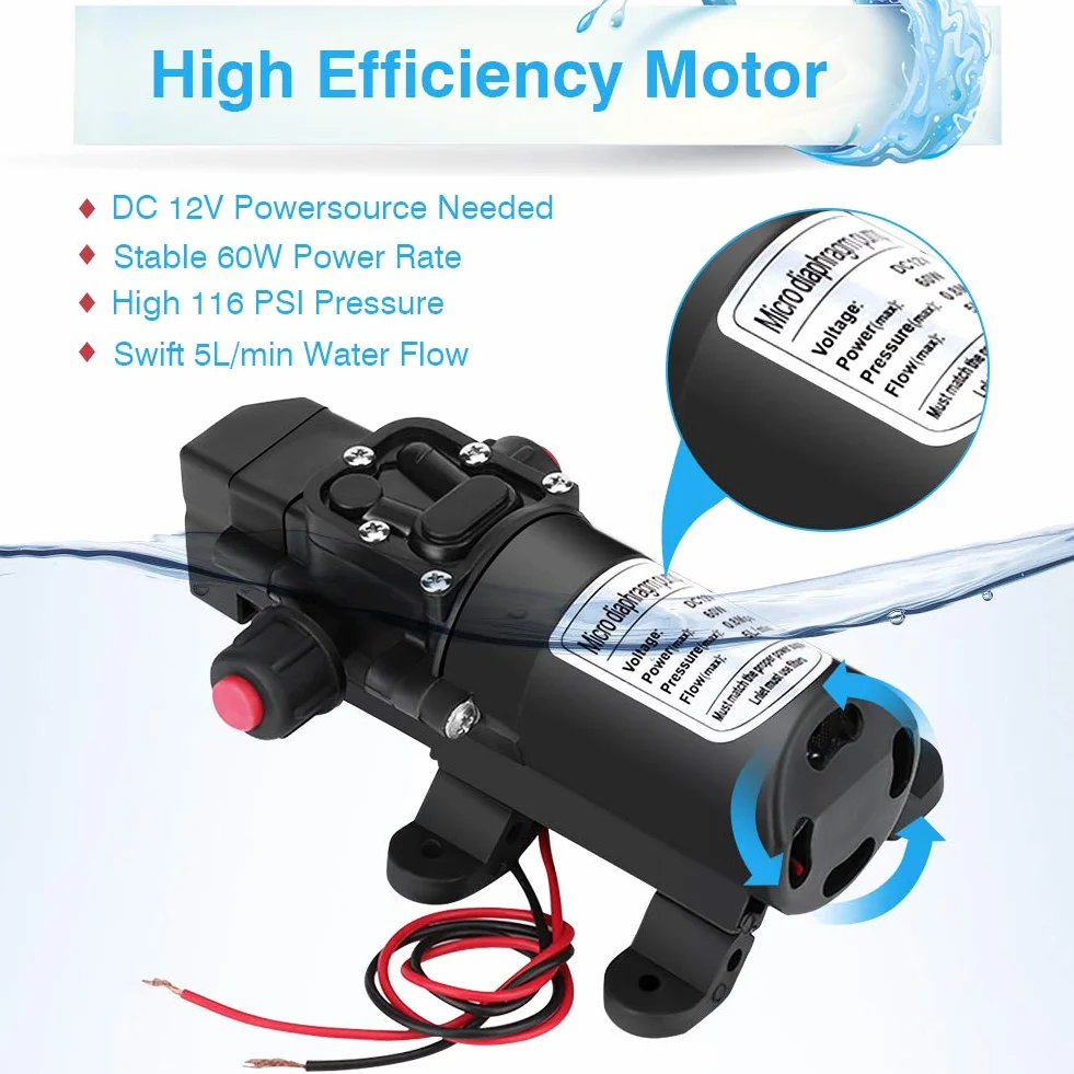 Greensen Wasserpumpe 12V Hochdruckpumpe Membranpumpe, 60W 5L/Min Pumpe Selbstansaugend Membran Wohnmobil Wasserpumpe Hochdruck Pumpe Druckwasserpumpe