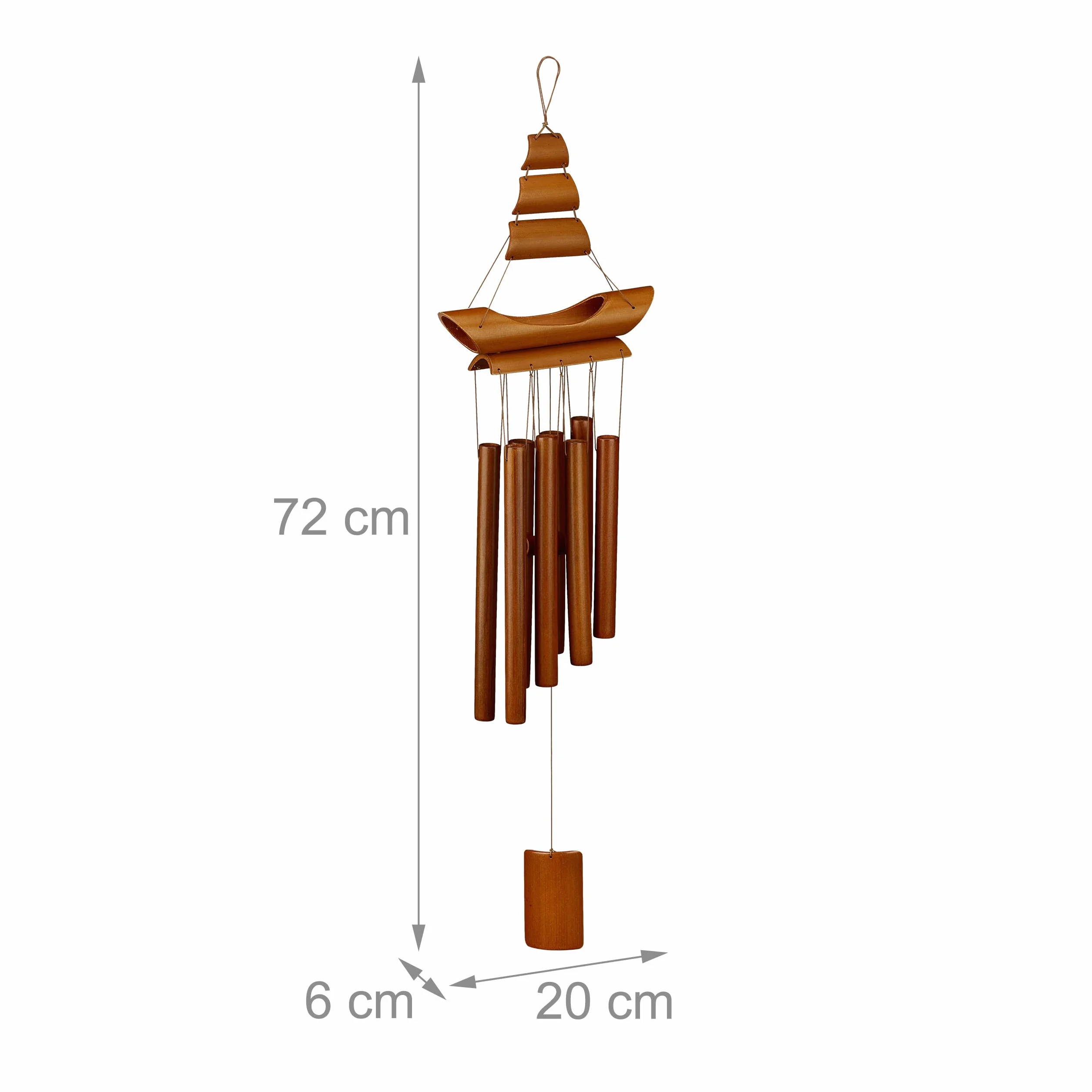 Relaxdays Dzwonek wietrzny bambusowy, wzór żaglówki, dekoracja wisząca na zewnątrz i wewnątrz, wys. x gł.: 72 x 20 x 6 cm, kolor brązowy