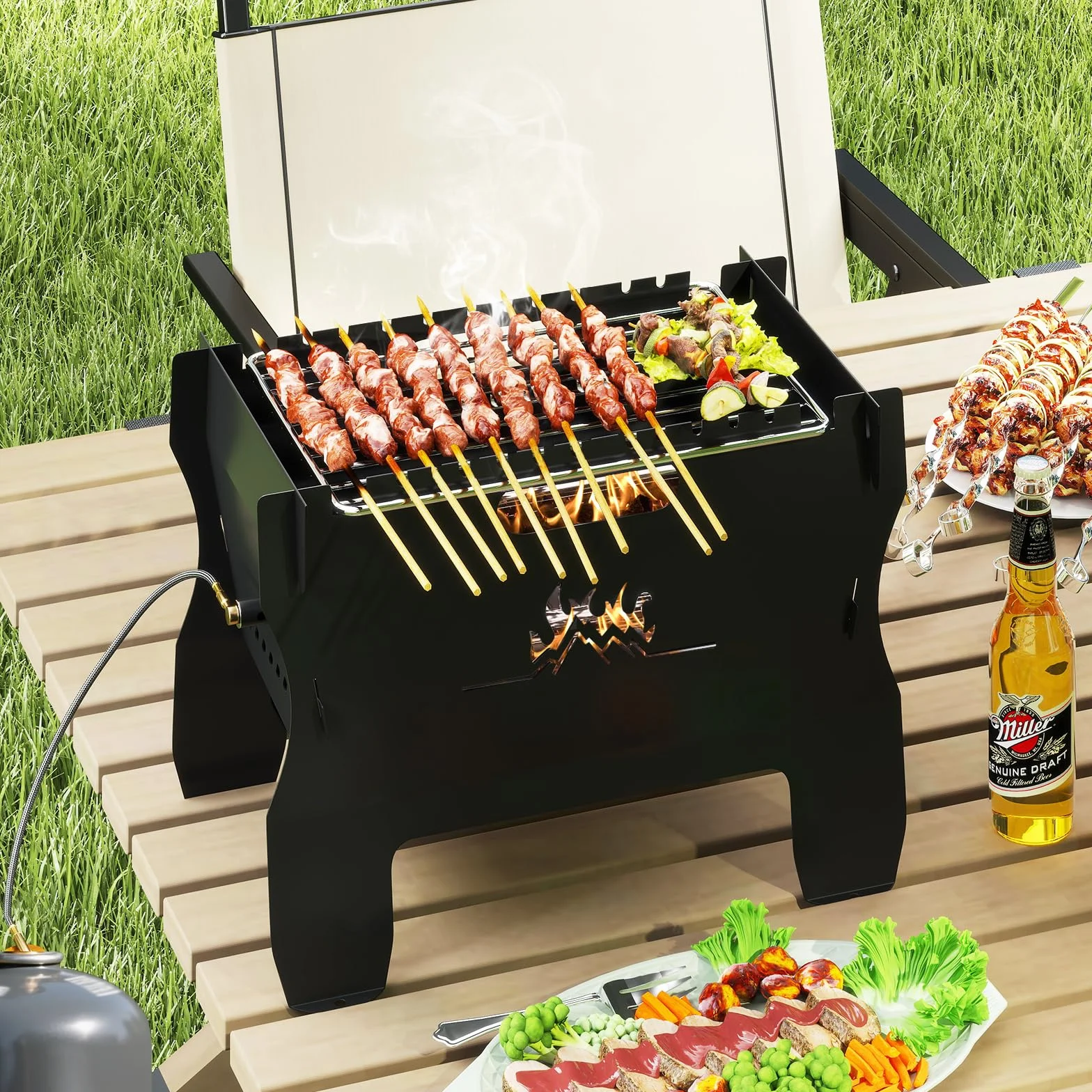 COSTWAY 2w1 Grill na Węgiel Drzewny i Gazowy, Przenośny Palenisko ze Stali Nierdzewnej z Torbą