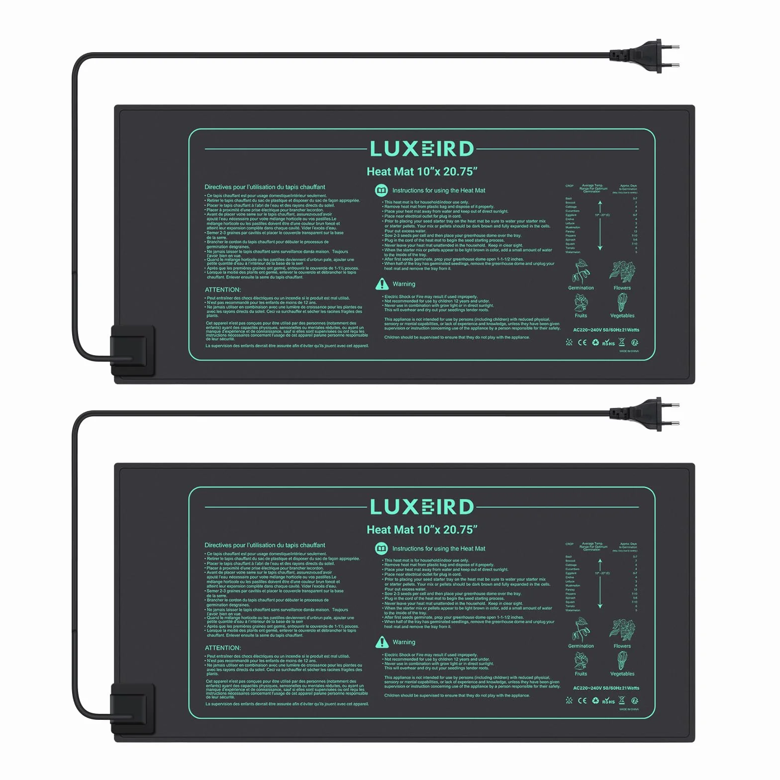 LUXBIRD Mata grzewcza do sadzonek roślin, płyta grzewcza do sadzonek wewnątrz, optymalne źródło ciepła do sadzonek, 21 W, wodoszczelność IP67, 52,7 x 25,4 cm, LB-HM, 21 W (2 sztuki)