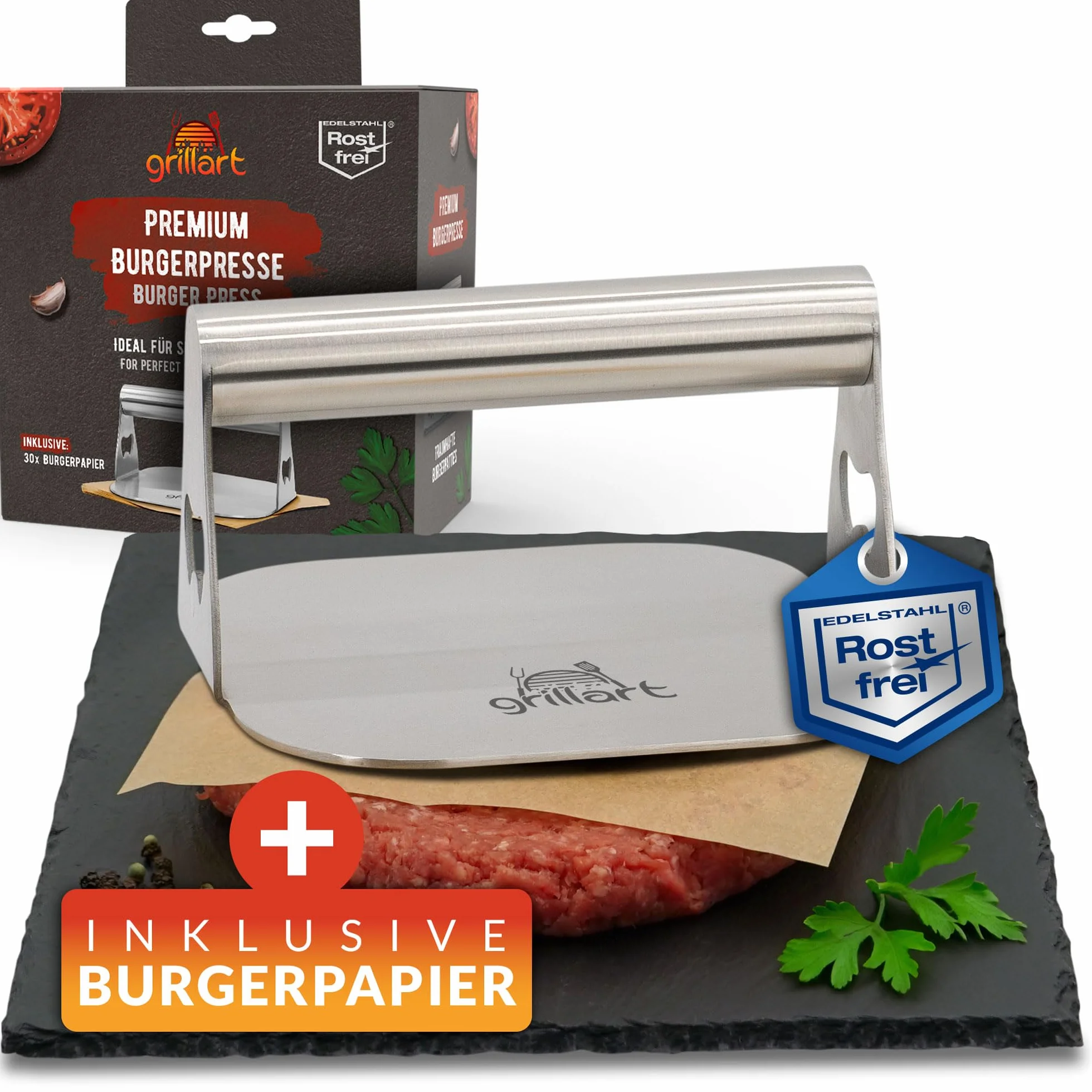 grillart® Premium prasa do burgerów z wysokiej jakości stali nierdzewnej na burgery typu smashed, w zestawie z 30 szt. papieru do burgerów – prasa do burgerów do użytku na planczy i teppanyaki – prasa