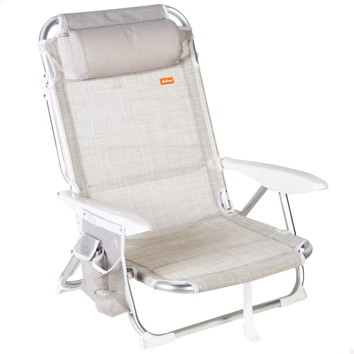 Aktive 62623 Krzesło plażowe, składane, z poduszką, 67 x 67 x 76 cm, leżak do leżenia, 4 pozycje, z uchwytem do noszenia, beżowe