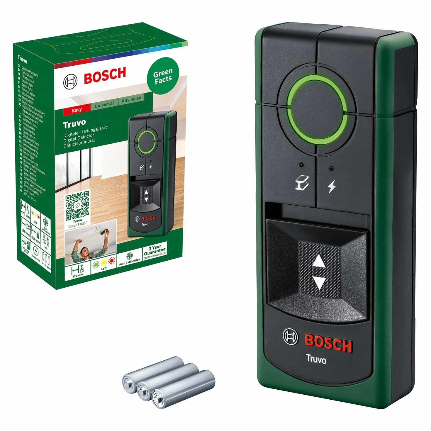 Bosch Home And Garden Detektor Truvo Drugiej Generacji (Obsługa za Pomocą Jednego Przycisku, Łatwe Wykrywanie Przewodów pod Napięciem i Detektor Metalu na Głębokości do 70 mm, Opakowanie Kartonowe)