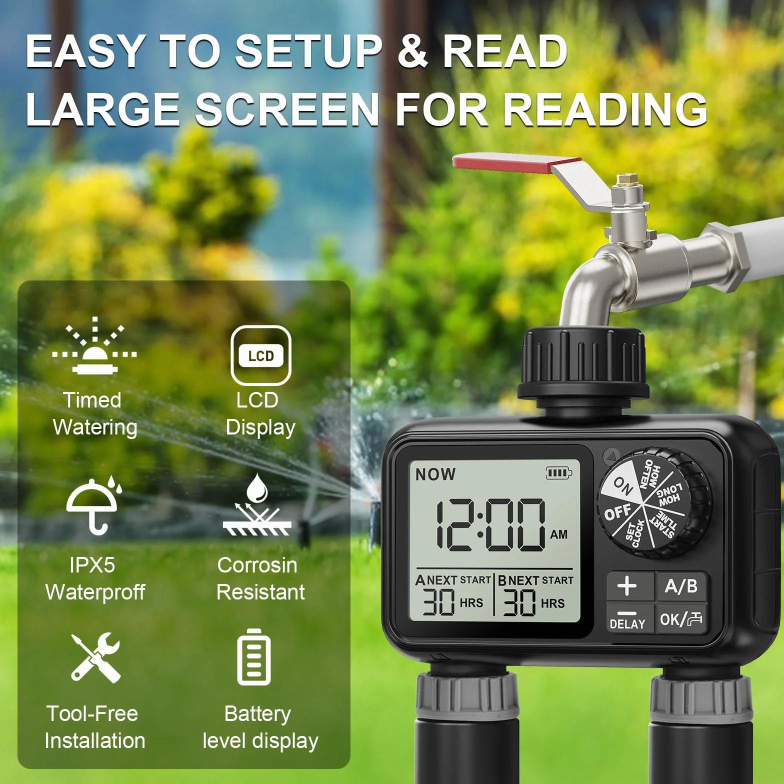 Timer wody do nawadniania z opóźnieniem deszczu IPX5 wodoodporny duży ekran LCD