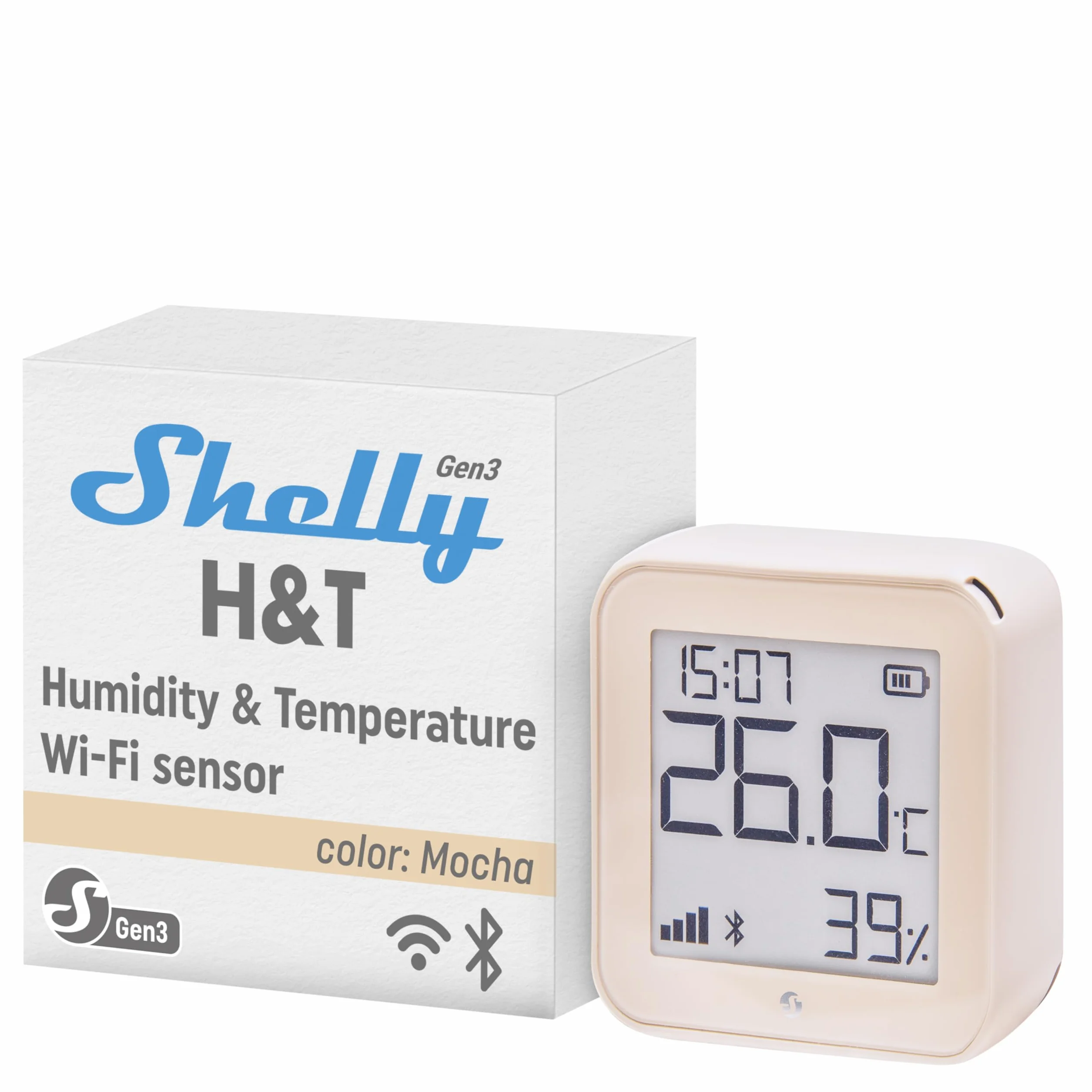 Shelly H&T Gen3 Mokka -Czujnik Temperatury,Wilgotności Wi-Fi,Bluetooth,Automatyka Domowa,Nie Jest Wymagany Żaden Koncentrator,Długi Czas Pracy Baterii,Możliwość Montażu Na Ścianie