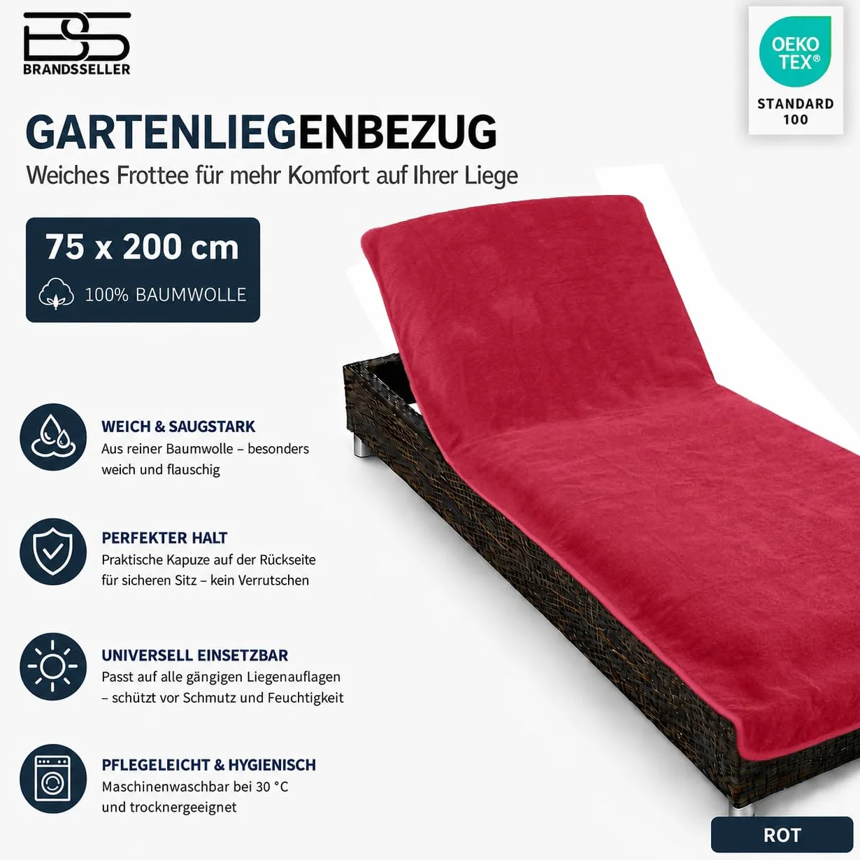 Brandsseller Pokrowiec ochronny na leżak ogrodowy, plażowy, ręcznik frotte, ok. 75 x 200 cm – czerwony