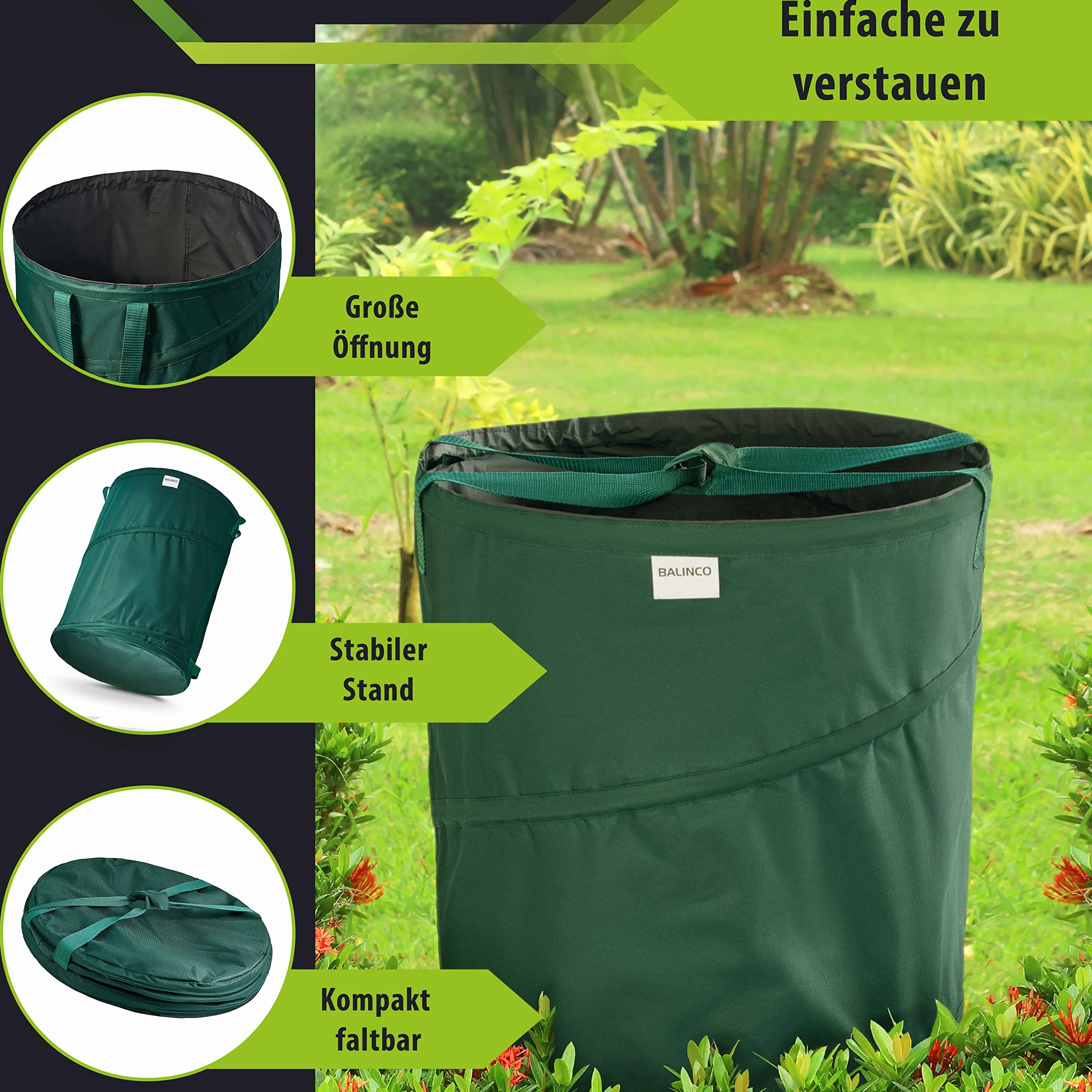 Worek na odpady ogrodowe 170 L zielony z poliestru 220 g/m² składany (3 sztuki)
