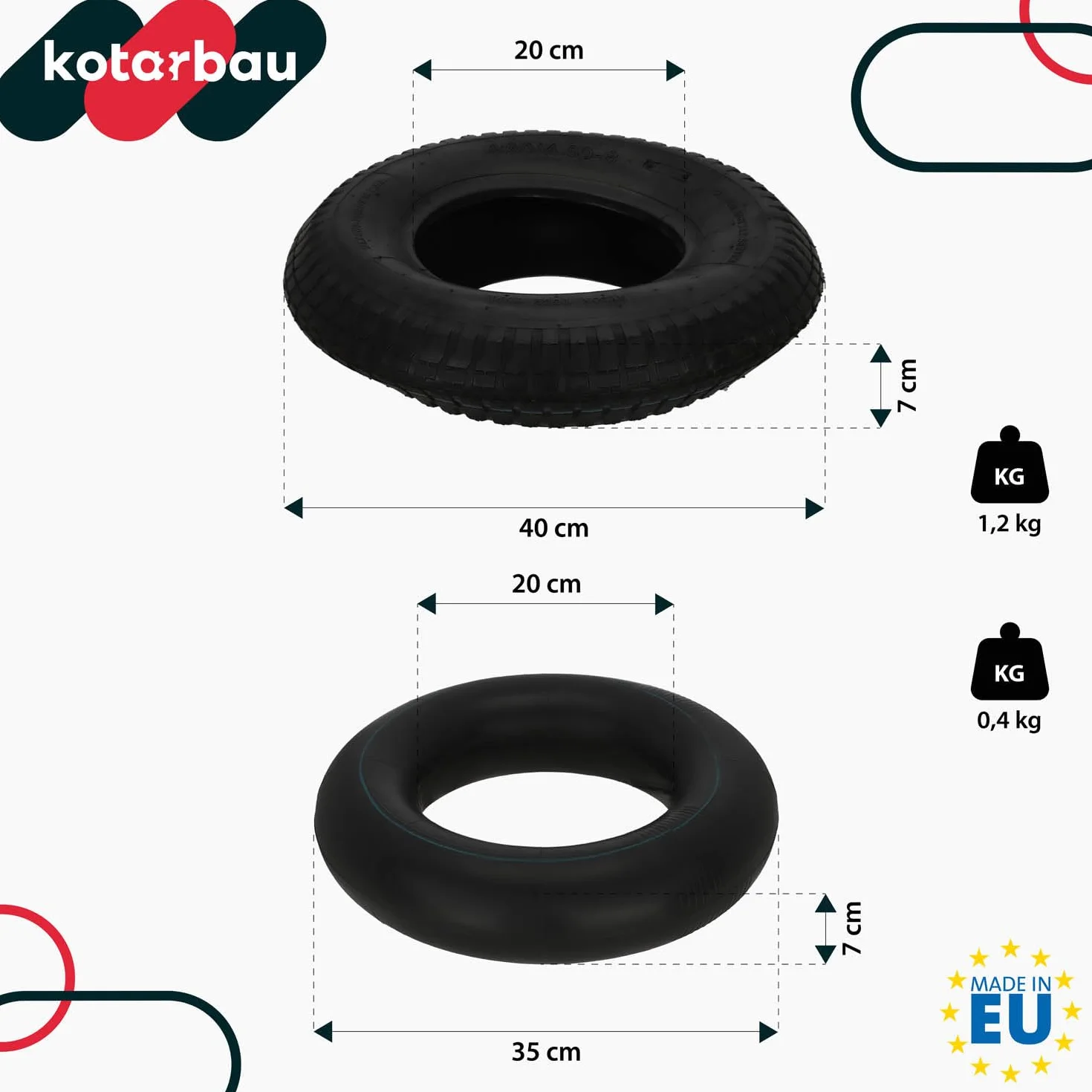 KOTARBAU® Opona z Dętką do Koła Taczki - Wózków - ⌀ 40 cm - Opona 6PR – Dętka Zamienna do Taczek – ⌀ 35 cm