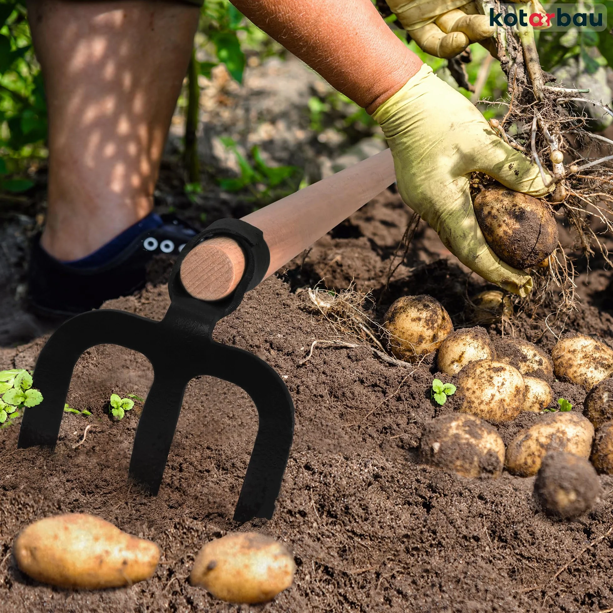 KOTARBAU® Motyka do ziemniaków z 3 zębami, drewniany trzonek 110 cm, rolnicza motyka ze stali, narzędzie ogrodnicze, akcesoria ogrodowe, narzędzia ogrodowe, narzędzia ogrodowe, narzędzia ręczne, hak