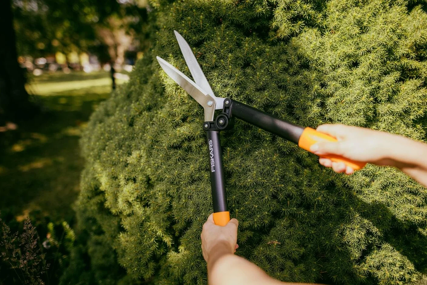 Fiskars Nożyce do żywopłotu HS52, nieprzywierająca powłoka, Wysokiej jakości stalowe ostrza/ tworzywo sztuczne wzmocnione włóknem szklanym, Długość: 58,5 cm, Czarno-pomarańczowy, Powerlever, 1001564