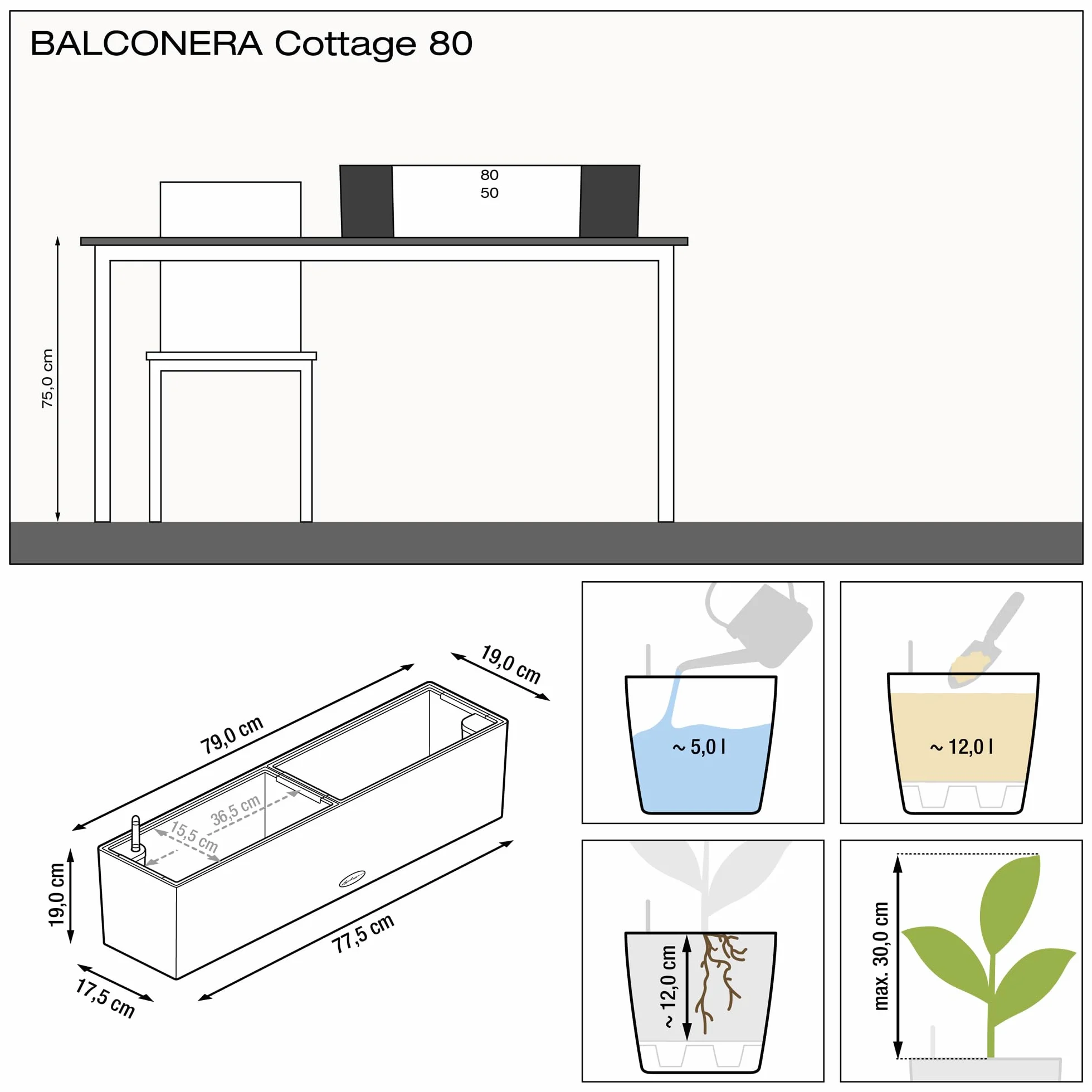Lechuza Donica Balconera Cottage 80 Grafitowy Czarny System Nawadniania