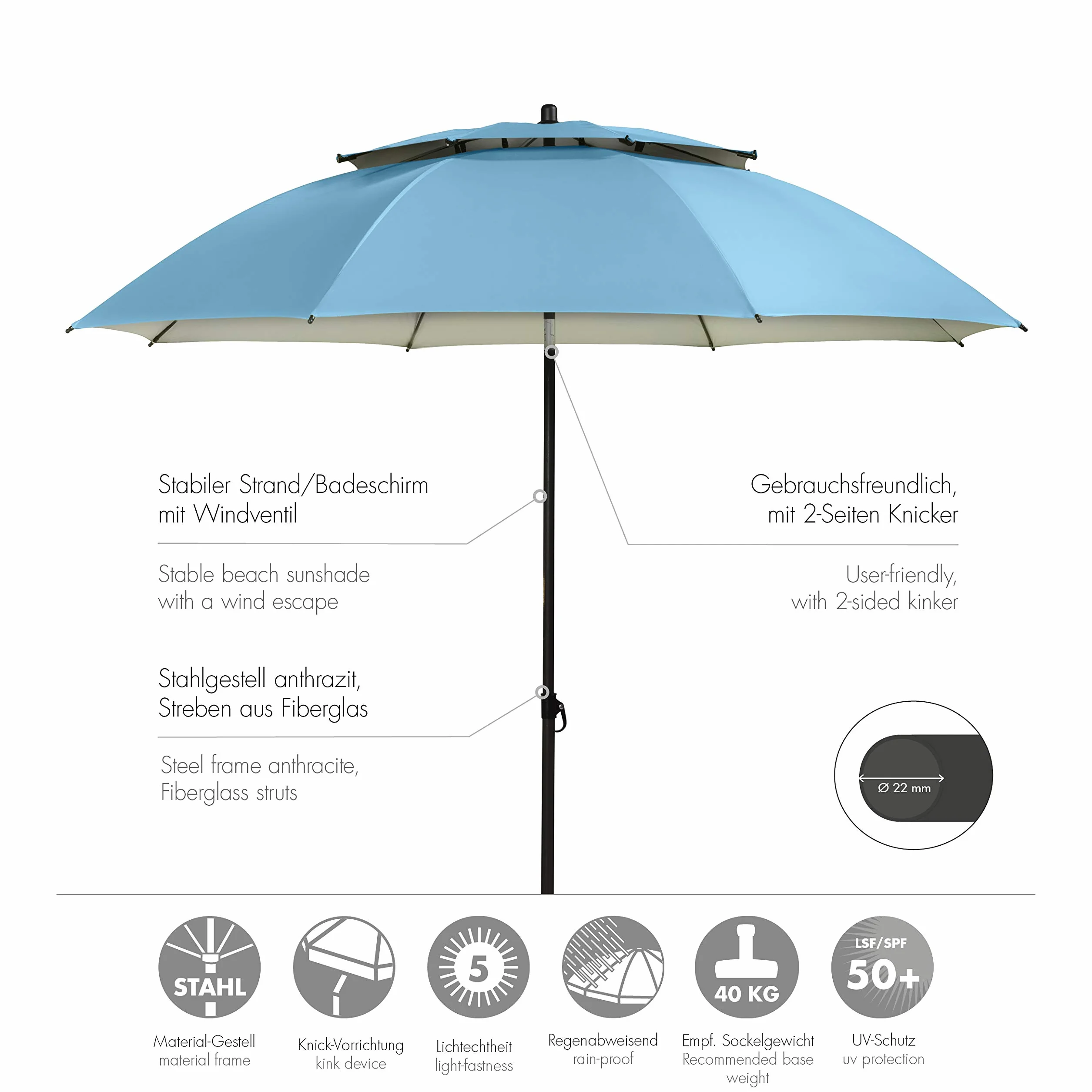 Doppler Derby Parasol Przeciwsłoneczny 200 cm I Na Plażę, Balkon i Taras I Z Regulacją Wysokości I Ochroną UV I Składany I Na Basen | Plażowy
