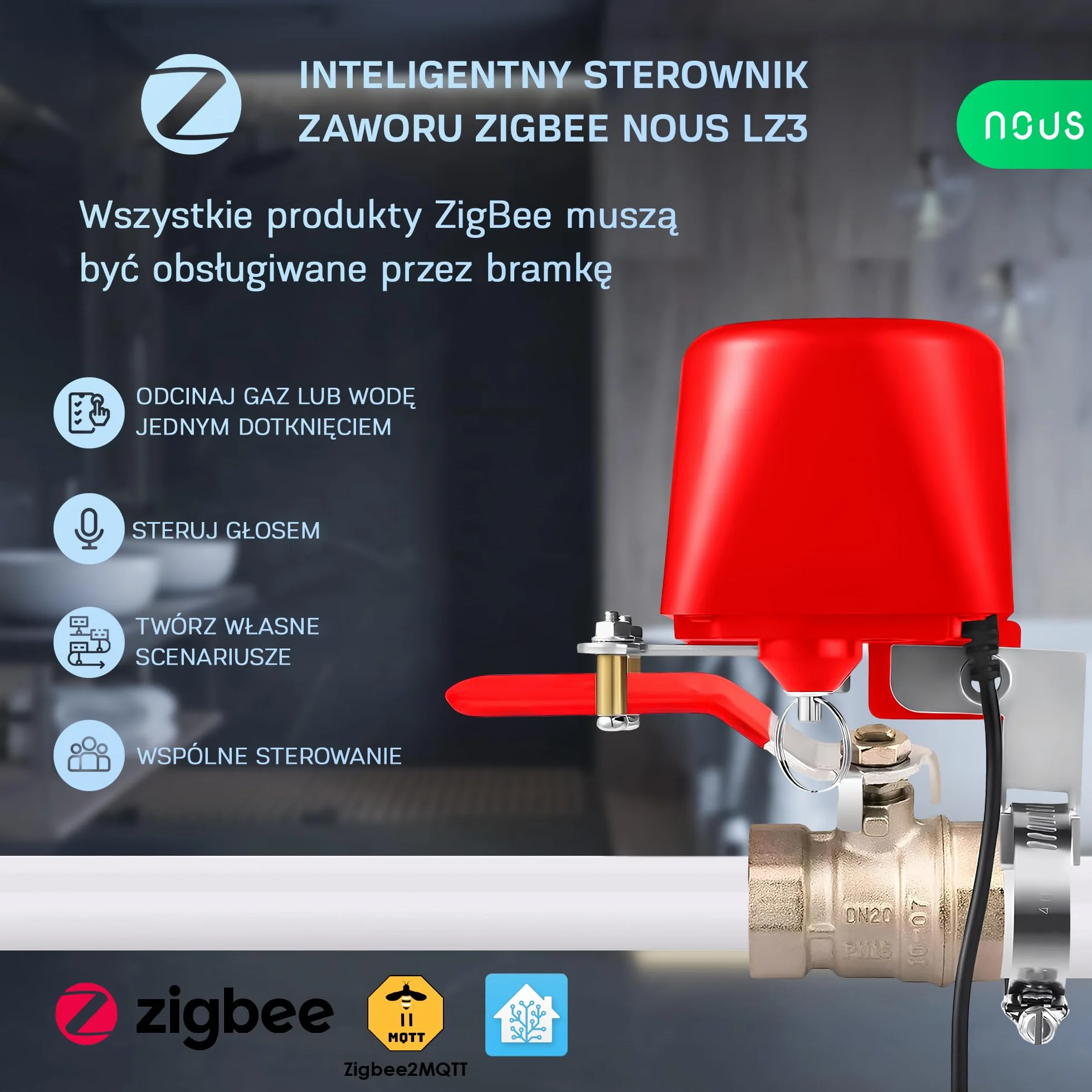 Zawór wodny NOUS LZ3 ZigBee, Asystent Google, kompatybilny z Amazon Alexa, aplikacja NOUS Smart, zegar sterujący Tuya Smart Life, zawór wodny ZigBee, sterownik nawadniania ZigBee2MQTT.