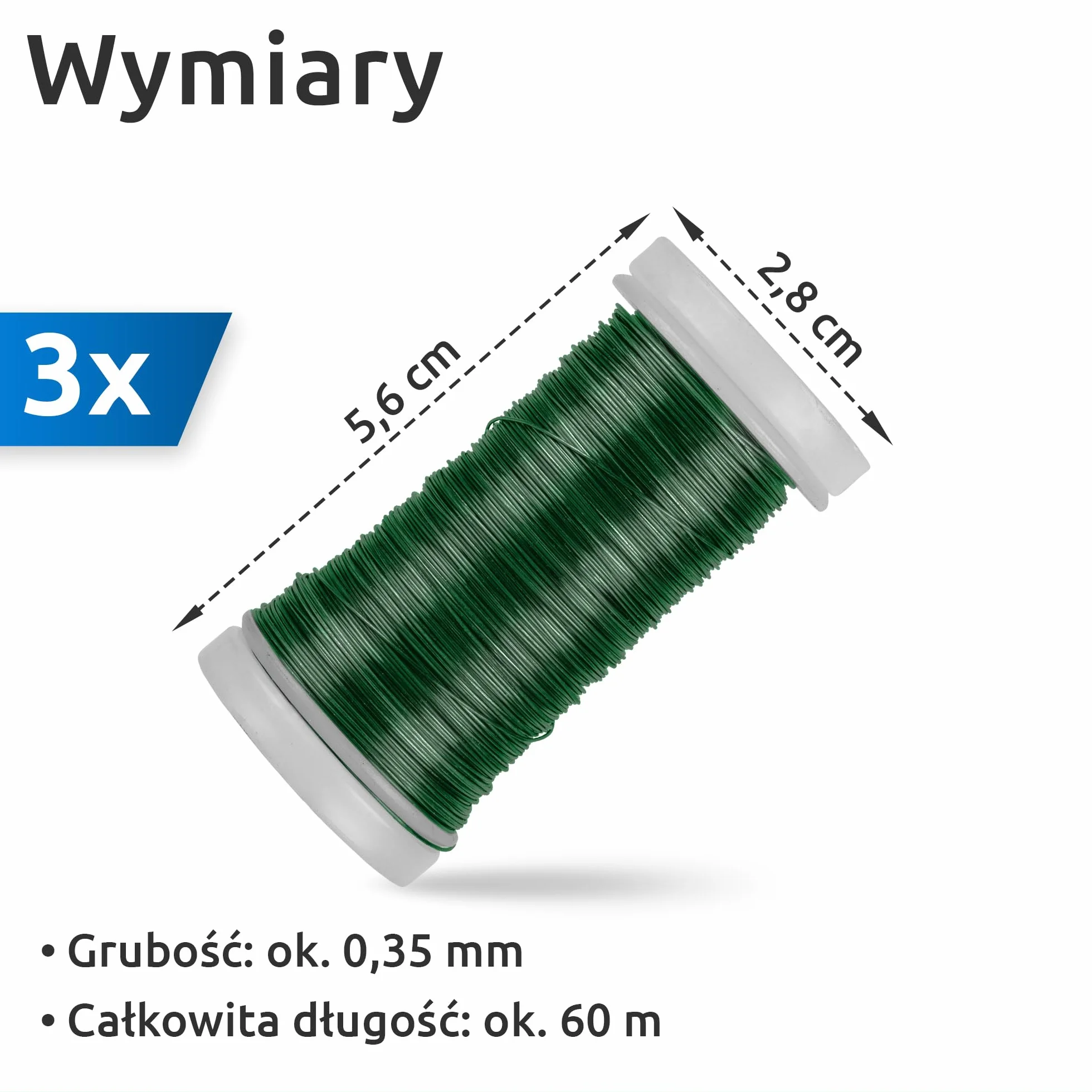 ECENCE 3x Drut mirtowy wyżarzany z żelaza w kolorze Zielony, drut rzemieślniczy do wiązania kwiatów, drut do owijania, drucik florystyczny na rolkę 60m