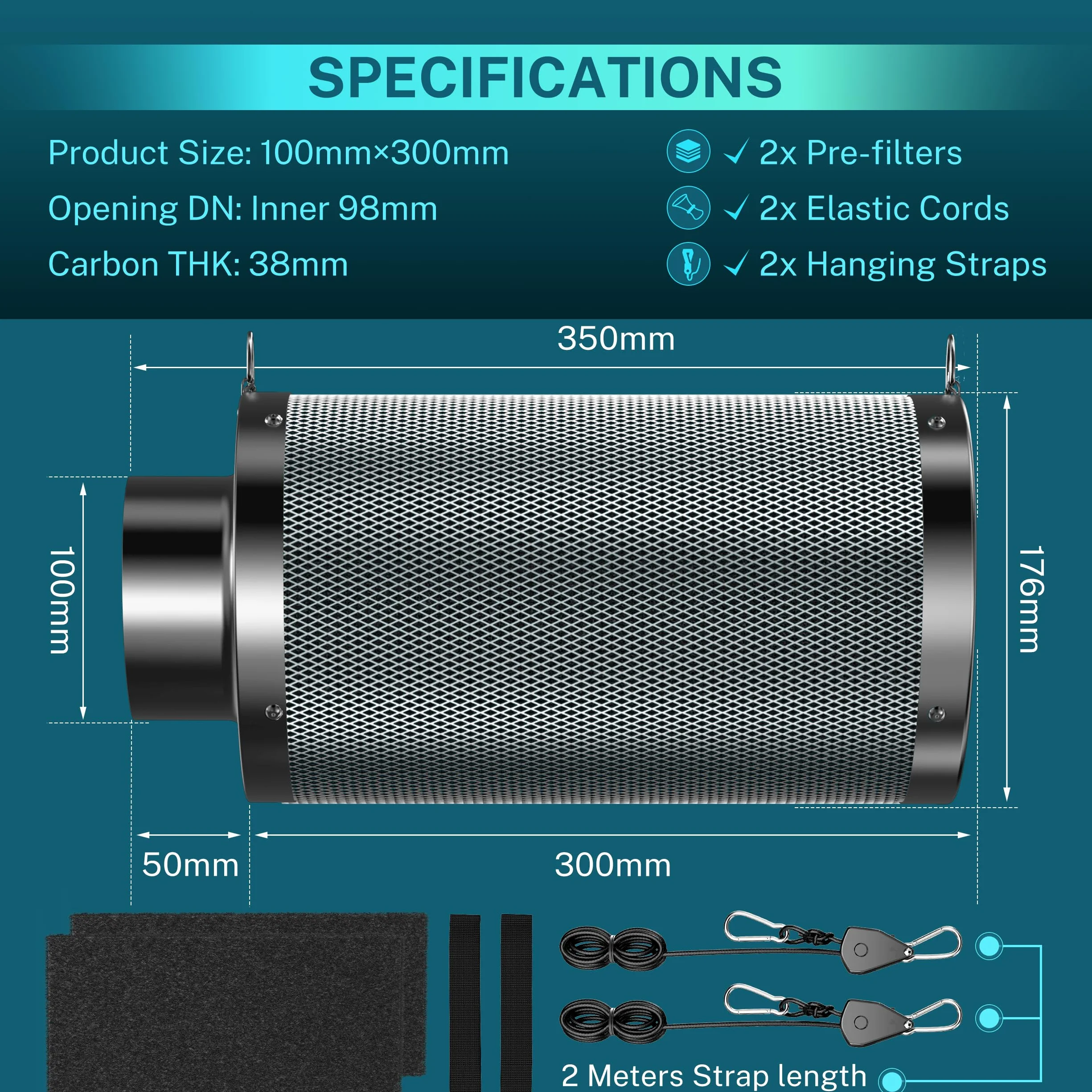 HG Power Filtr z węglem aktywnym 100 mm, długość 300 mm – 38 mm Premium Australijski węgiel aktywny Virgin, kontrola zapachu do namiotów uprawnych, hydroponiki i wentylatora rurowego, w zestawie 2