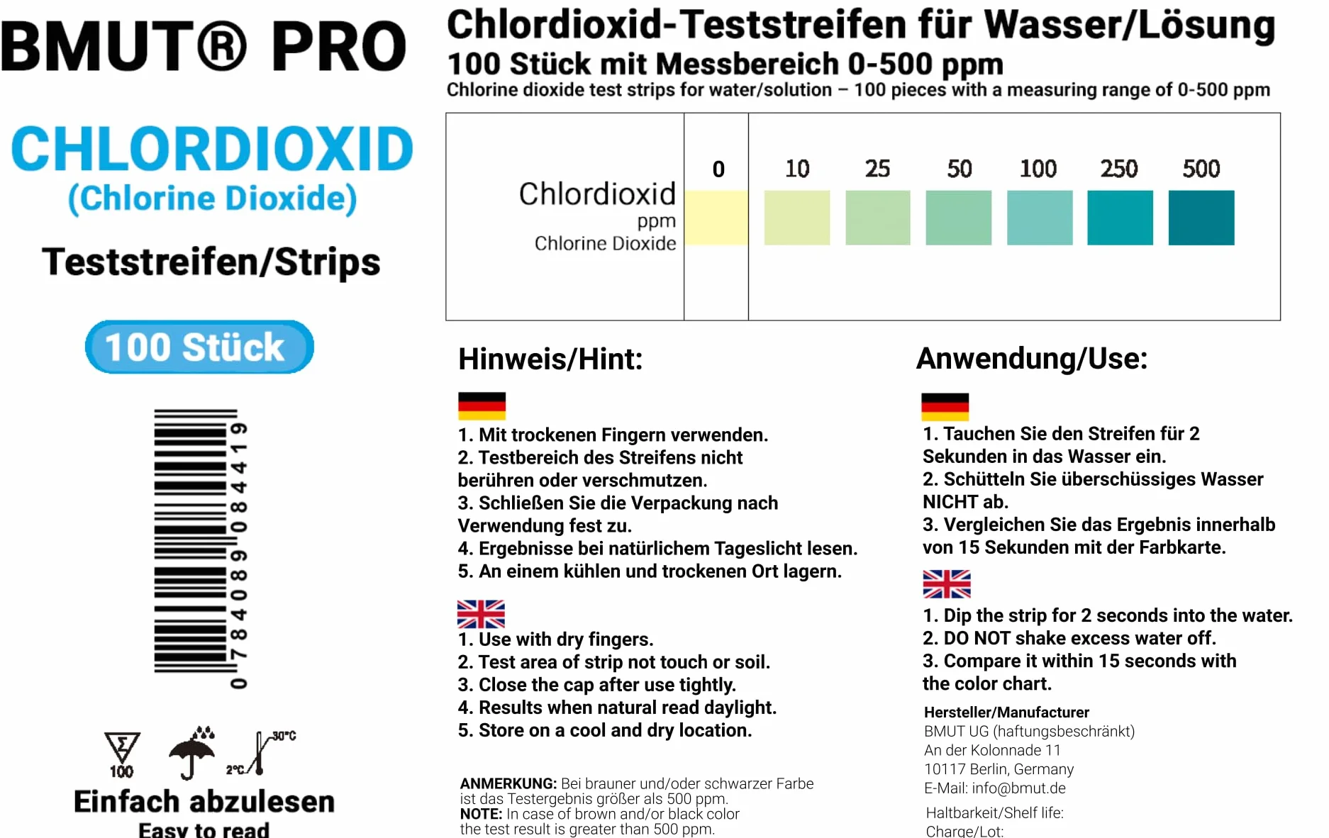 100x paski testowe, pomiar roztworu dwutlenku chloru, 100 sztuk, plastik