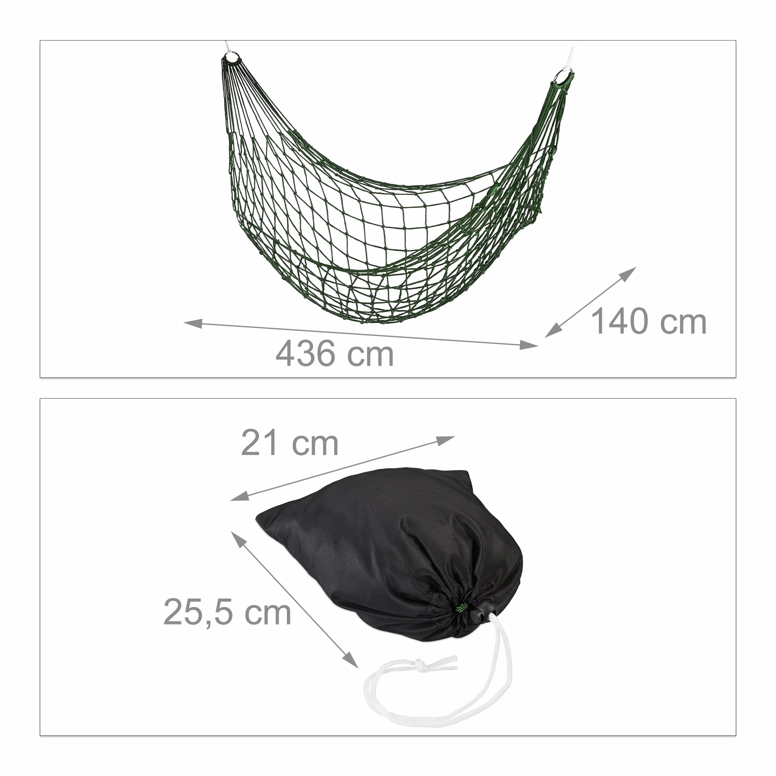 Relaxdays Hamak siatkowy, zestaw 2 szt., lekki hamak outdoorowy, dla 1 osoby, na kemping lub do ogrodu, do 120 kg, ciemnozielony