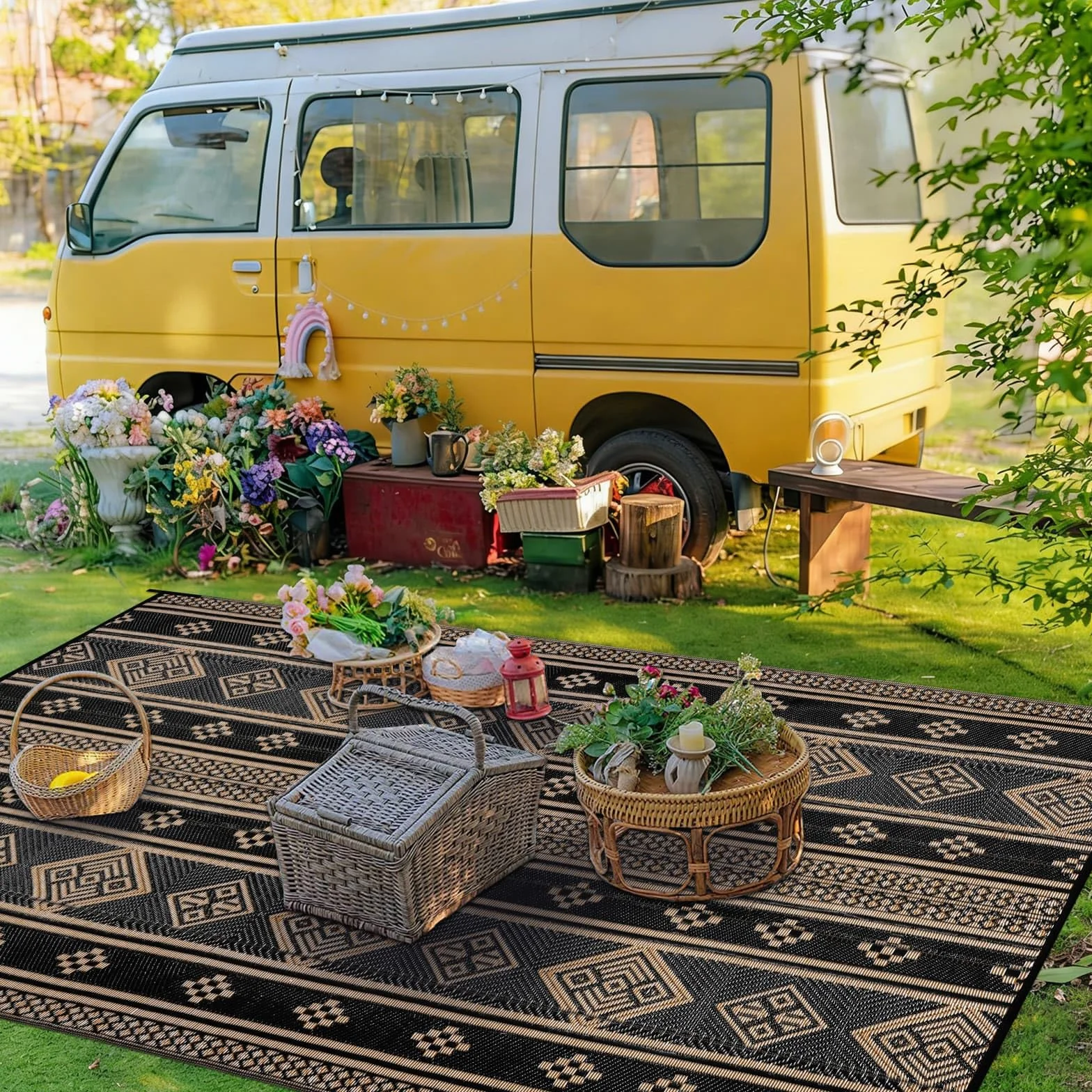 SHACOS Dywan zewnętrzny na patio, wodoodporny, 150 x 240 cm, czarny, dwustronny dywan ogrodowy, dywany, odporny na promieniowanie UV, składany dywan na zewnątrz, mata z tworzywa sztucznego, słomkowy