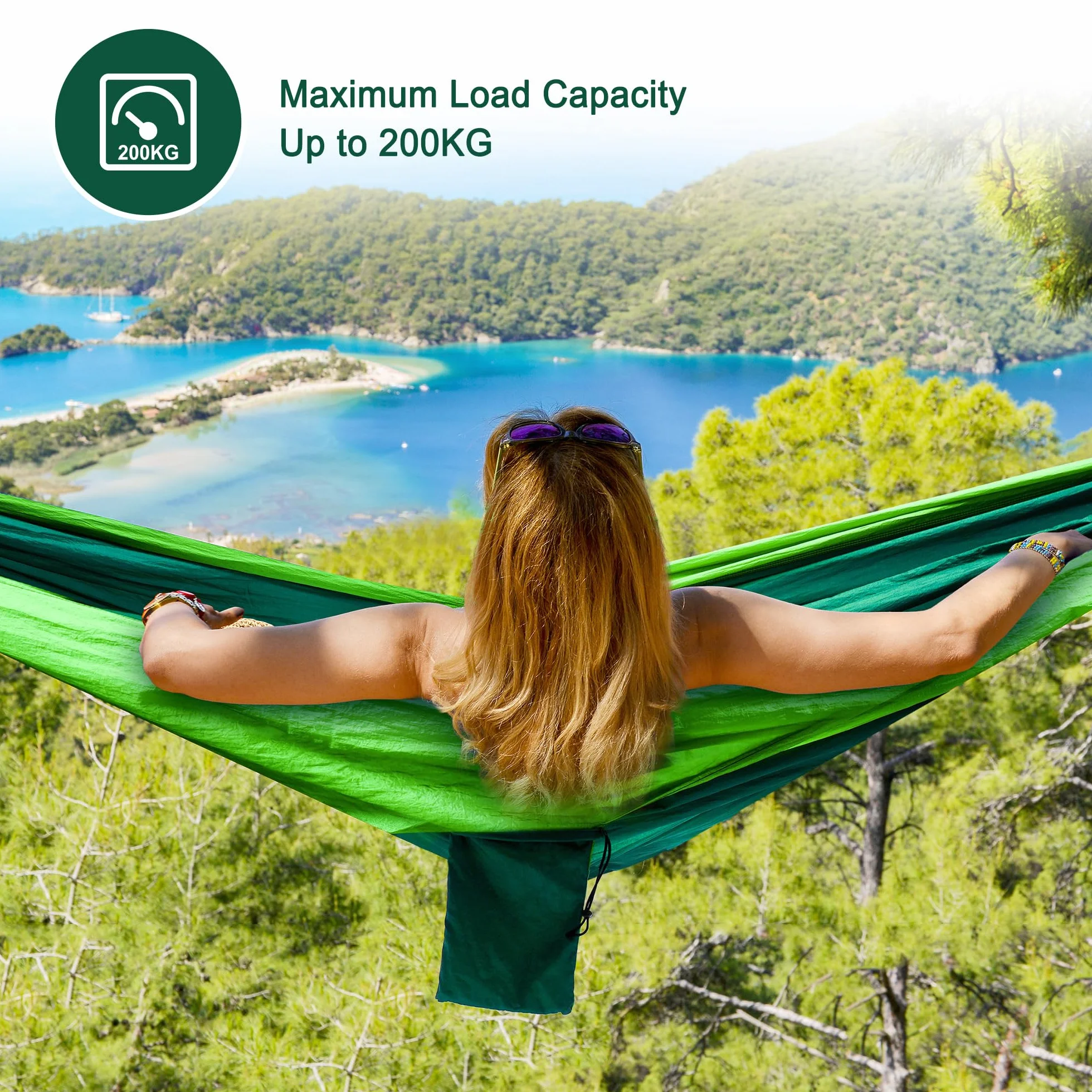 Hamak kempingowy spadochronowy nylonowy 280 x 140 cm ciemnozielony