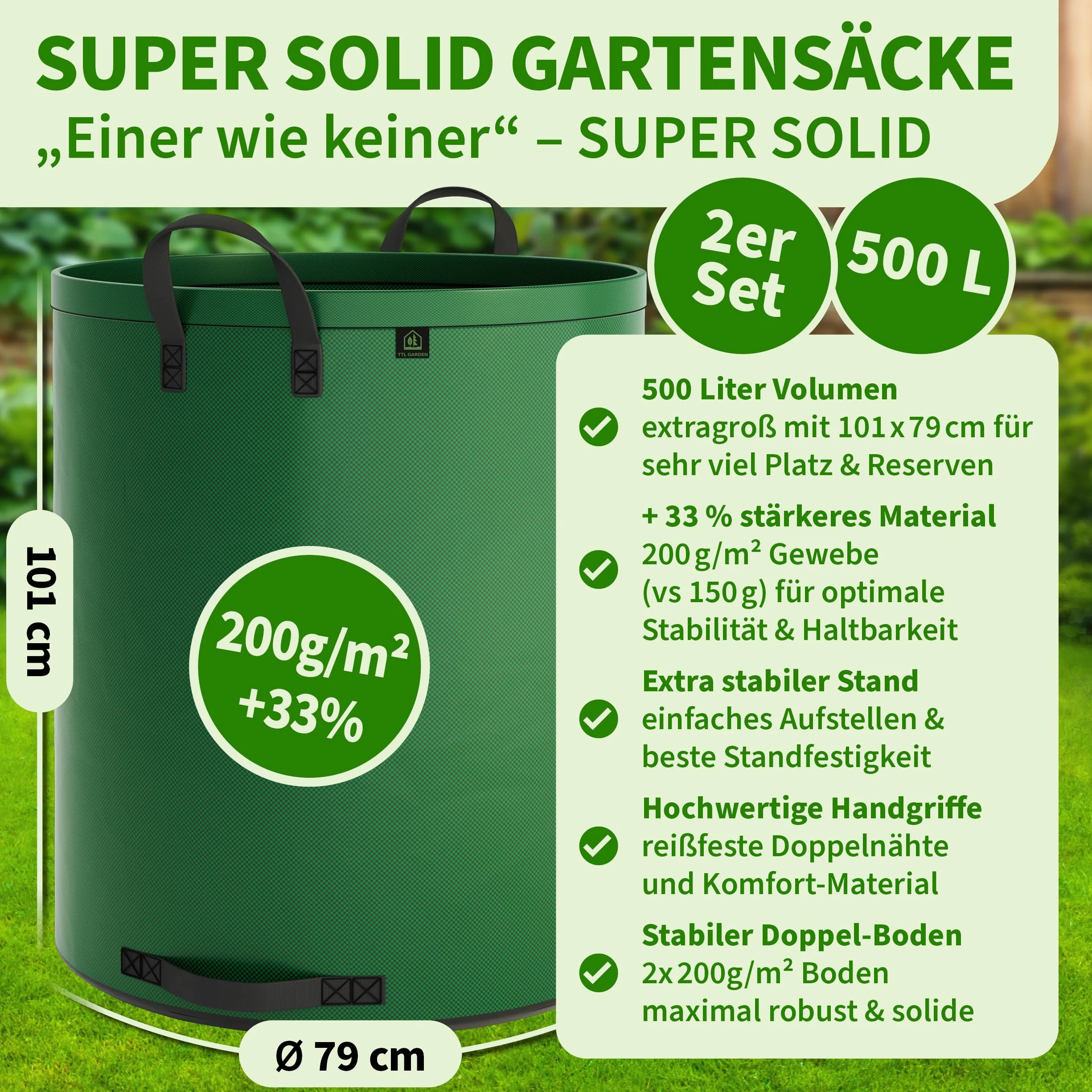 TTL Garden 2 x 500 l super solidny worek ogrodowy zielony – podwójne dno 2 x 200 g/m², bardzo stabilny i odporny na rozerwanie, wolnostojący, 4 uchwyty, duży, wytrzymały, zestaw 2 worków na liście