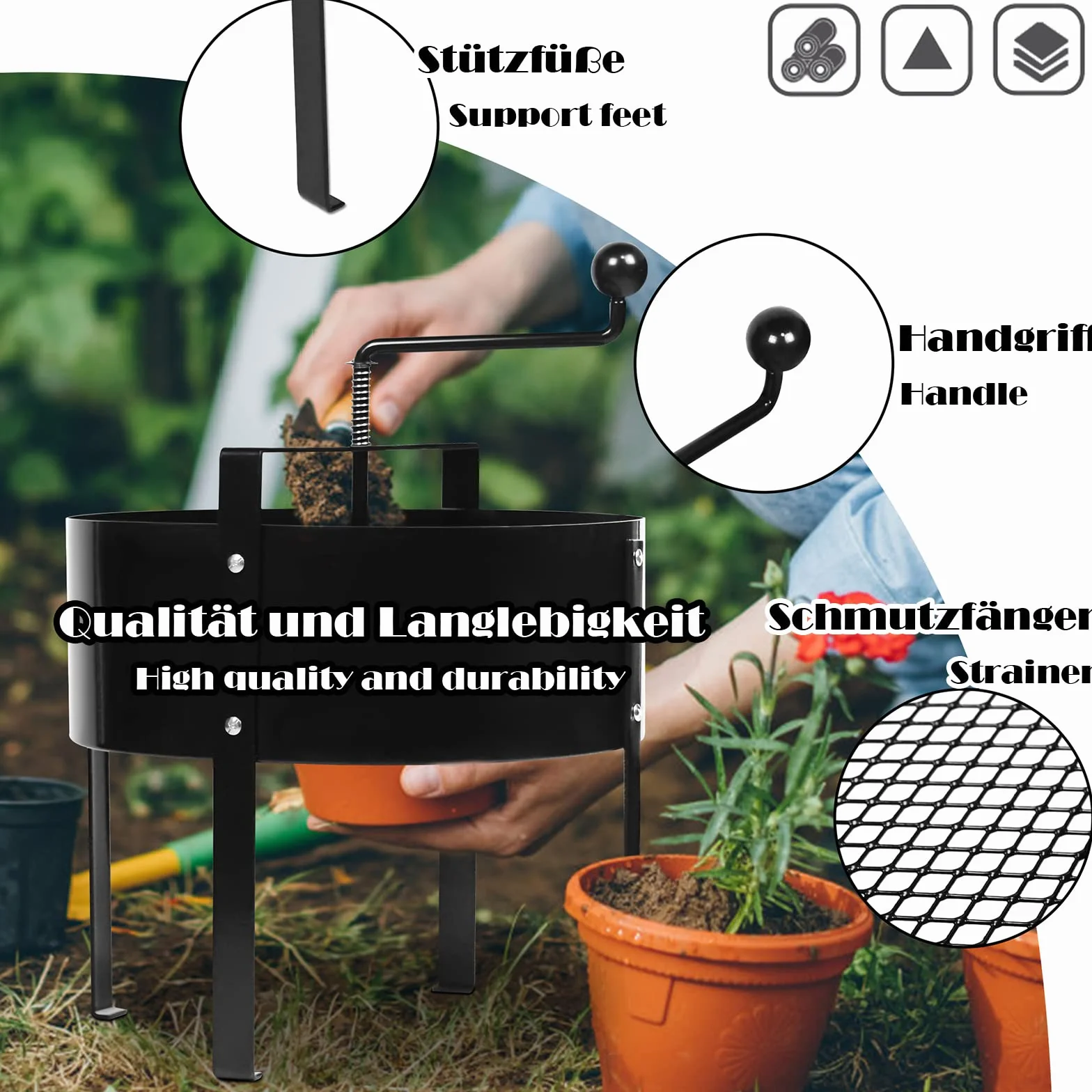 Sito z korbą ręczną, obrotowe sitko ogrodowe, sito do ziemi, kompostu, chwastów, piasku, żwiru, Ø 40 cm - 1,2 mm patelnia z siatki