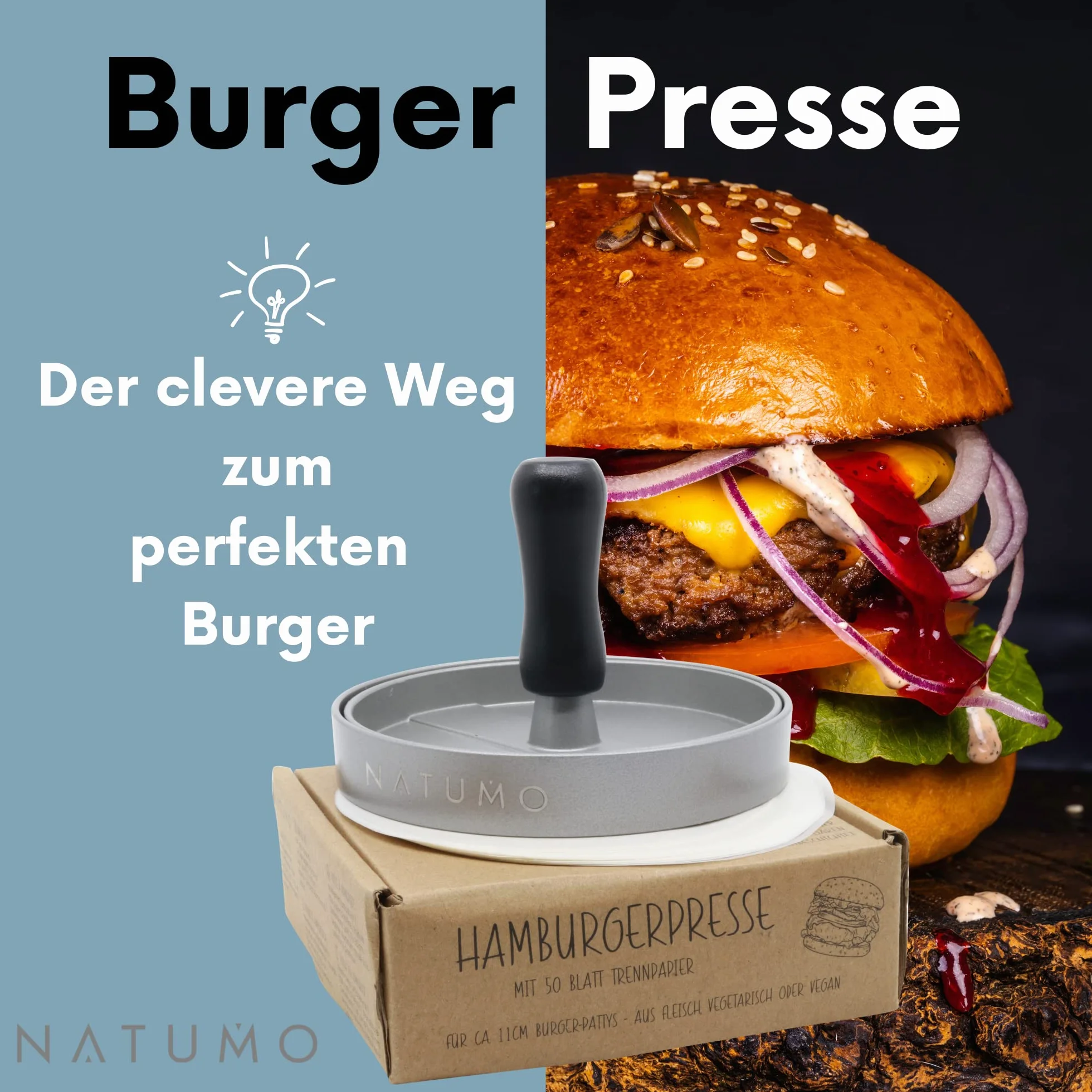 NATUMO Zestaw prasy do burgerów z prasy do hamburgerów i papieru do burgerów (50 x papier oddzielający), do burgerów z odlewu aluminiowego (Ø 11 cm, 200 g), profesjonalna prasa do burgerów z powłoką