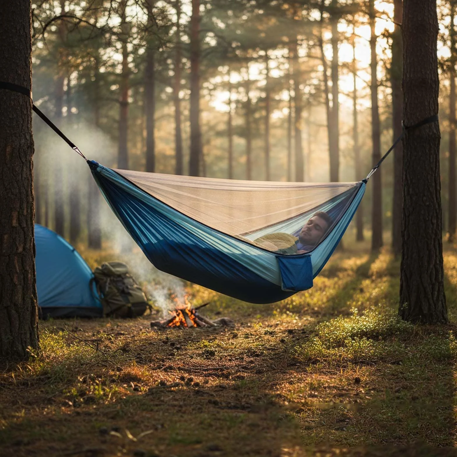 Hamak turystyczny z moskitierą – wiszący hamak na przygody na świeżym powietrzu. Idealny na camping, wyprawy z plecakiem lub na taras. Składany i lekki, wytrzymuje obciążenie do 250 kg