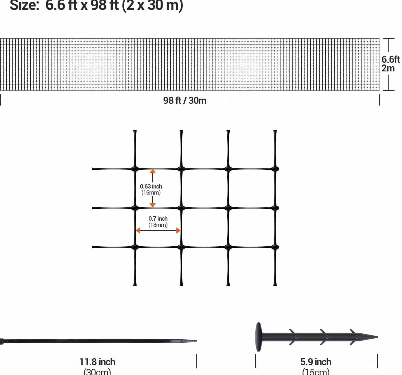 Ohuhu Siatka ogrodowa wielokrotnego użytku, 2 m x 30 m, wytrzymała, duża siatka ogrodowa, siatka stawowa, do ochrony warzyw, roślin, owoców, z 50 opaskami kablowymi i 10 śledziami do ziemi, siatka 16