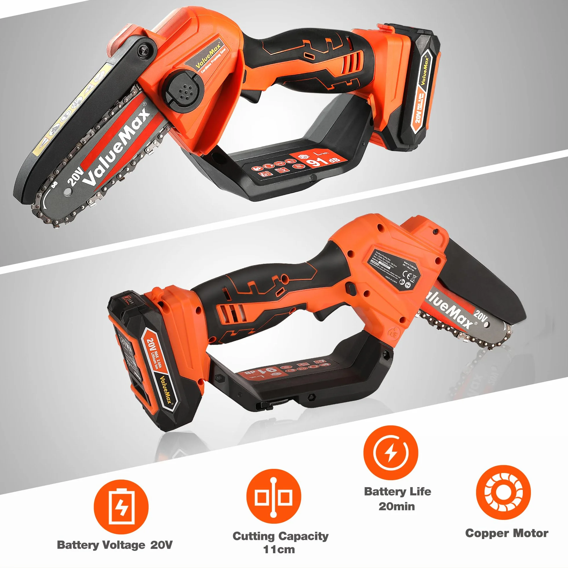 ValueMax Mini pilarka akumulatorowa 20 V z bateriami 2,0 Ah, akumulatorowa elektryczna piła łańcuchowa, maksymalna wydajność cięcia 11 CM, 3000 obr./min do cięcia drewna, przycinania ogrodu