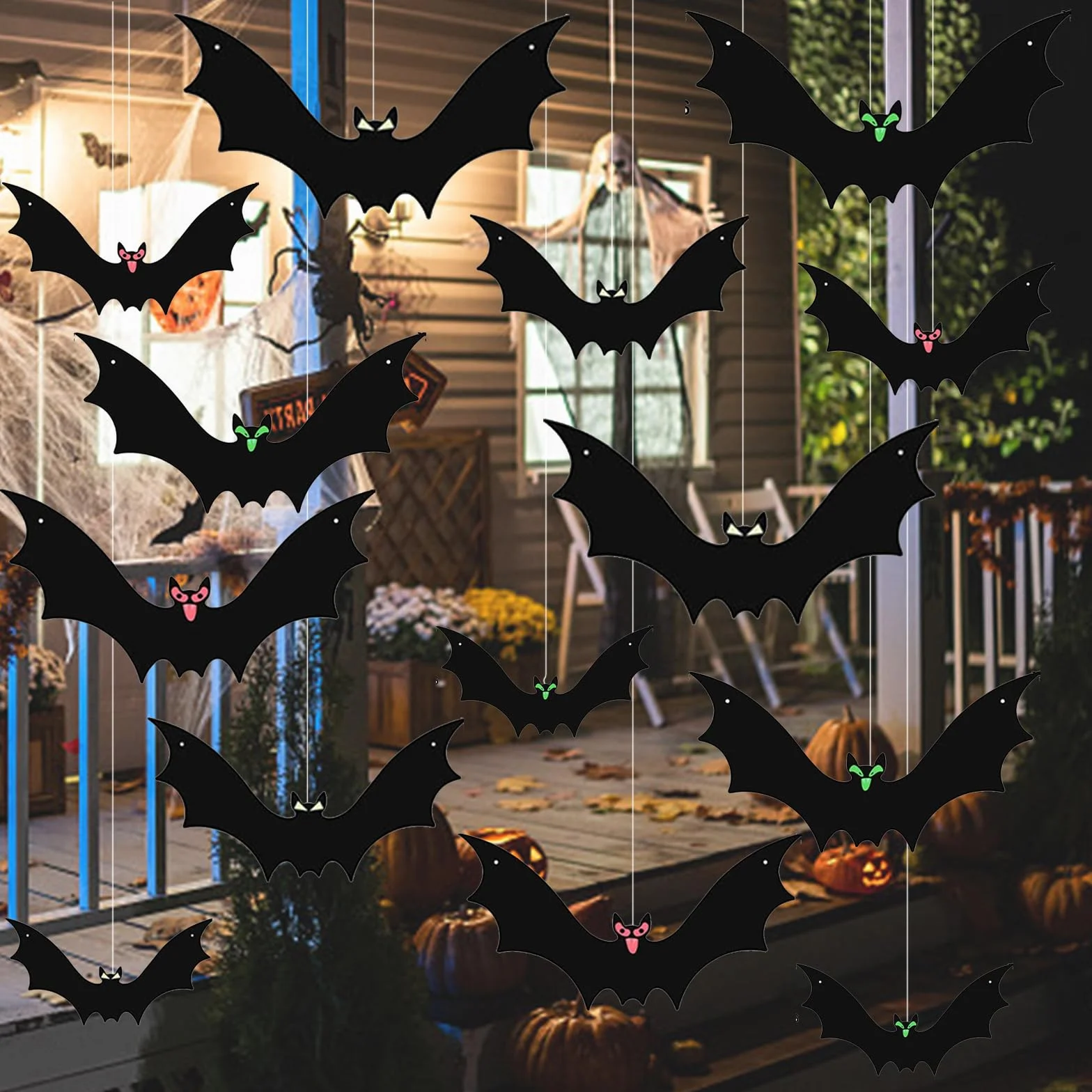 Dekoracje halloweenowe wiszące nietoperze, 12 szt. latający nietoperz ze świecącymi oczami i rolką sznurka do dekoracji halloweenowych na zewnątrz do ogrodu na imprezę podwórko drzewo wiszące
