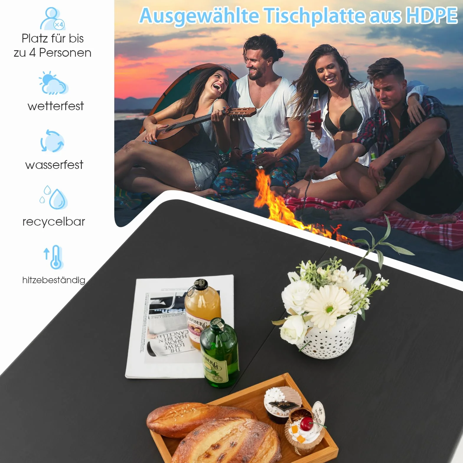 COSTWAY Składany stół kwadratowy, 86 x 86 cm, kempingowy, składany, z blatem z HDPE i uchwytem do noszenia, dla 4 osób, przenośny do jadalni i kuchni, ogrodowy