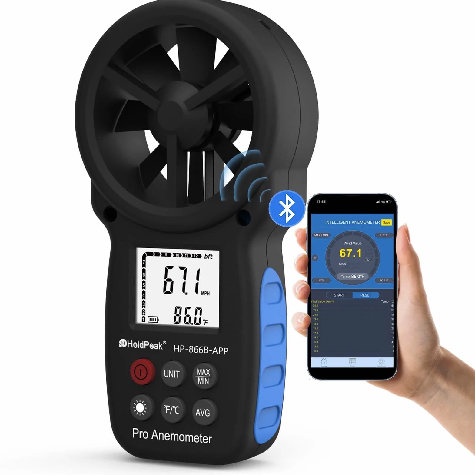HoldPeak Cyfrowy anemometr HP-866B-APP Prędkość wiatru Bluetooth