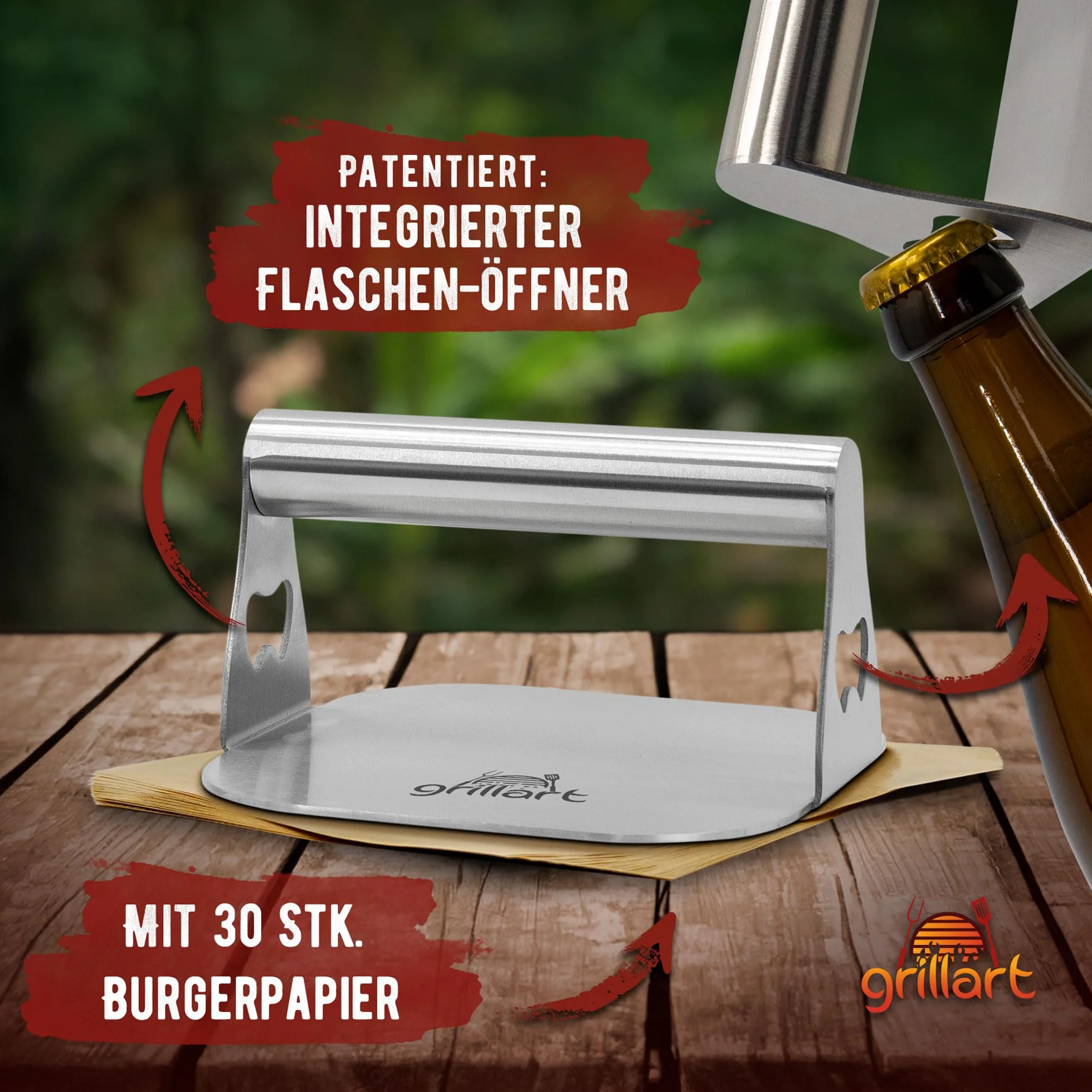 grillart® Premium prasa do burgerów z wysokiej jakości stali nierdzewnej na burgery typu smashed, w zestawie z 30 szt. papieru do burgerów – prasa do burgerów do użytku na planczy i teppanyaki – prasa