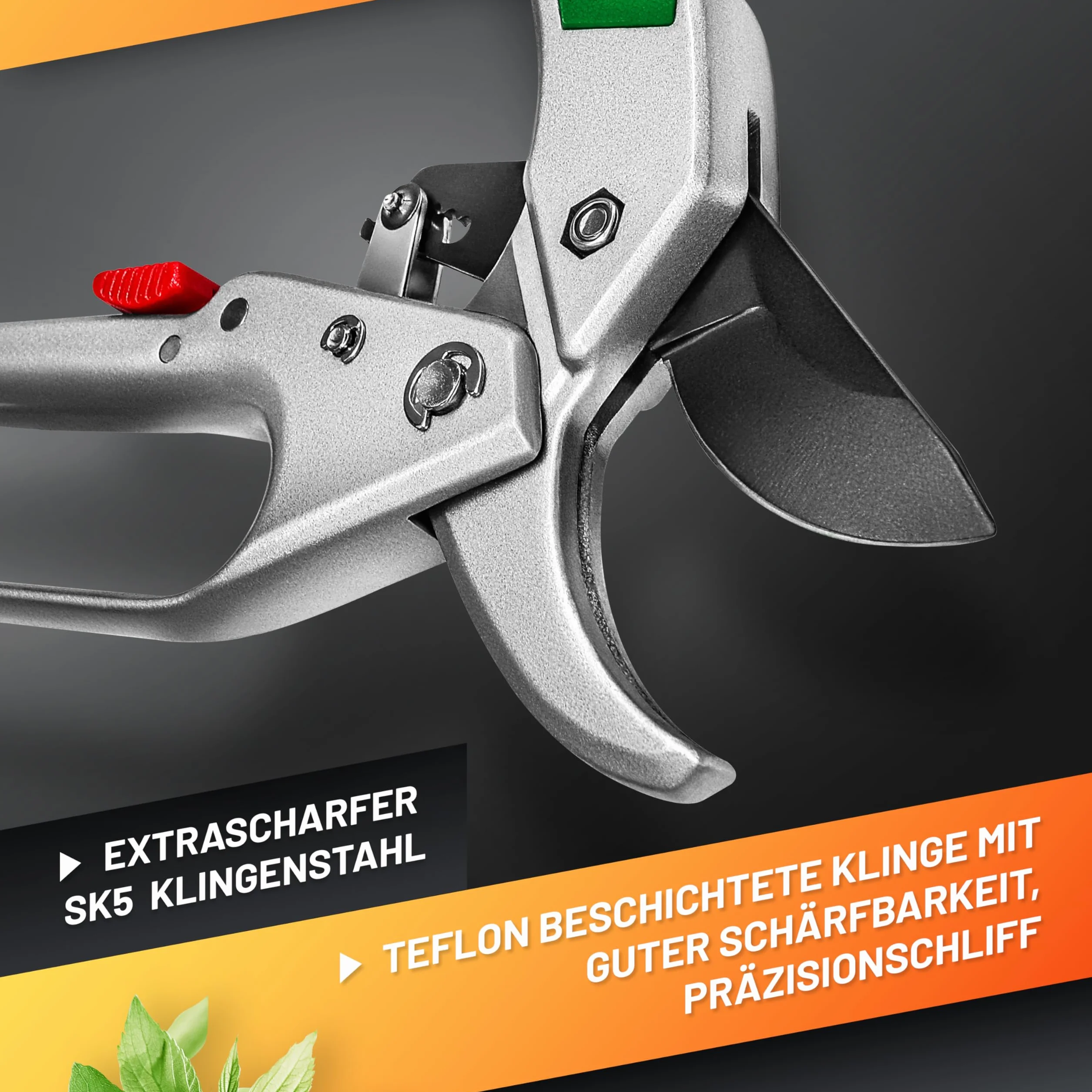 GRÜNTEK Condor Sekatory z grzechotką, 200 mm, ostrze SK5, cięcie 20 mm, wytrzymałe sekatory ogrodowe, automatyczne nożyce z grzechotką, z gąbką olejową i ostrzałką