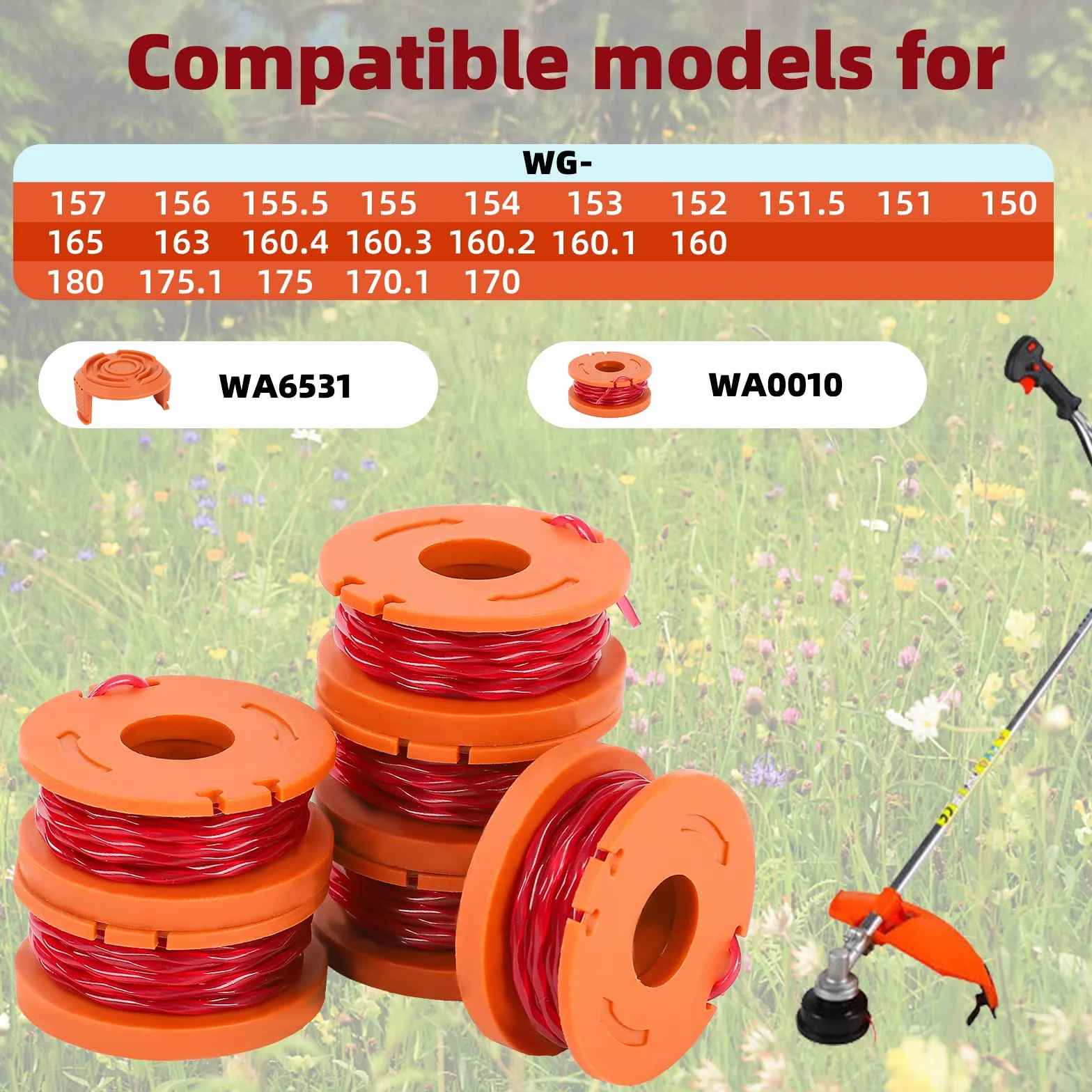 WA0004.1 zestaw 6 żyłek do podkaszarki do trawy WORX 20 V (6 x 3 m długości, średnica żyłki Ø 1,65 mm) + 2 x nasadki (6 sztuk)