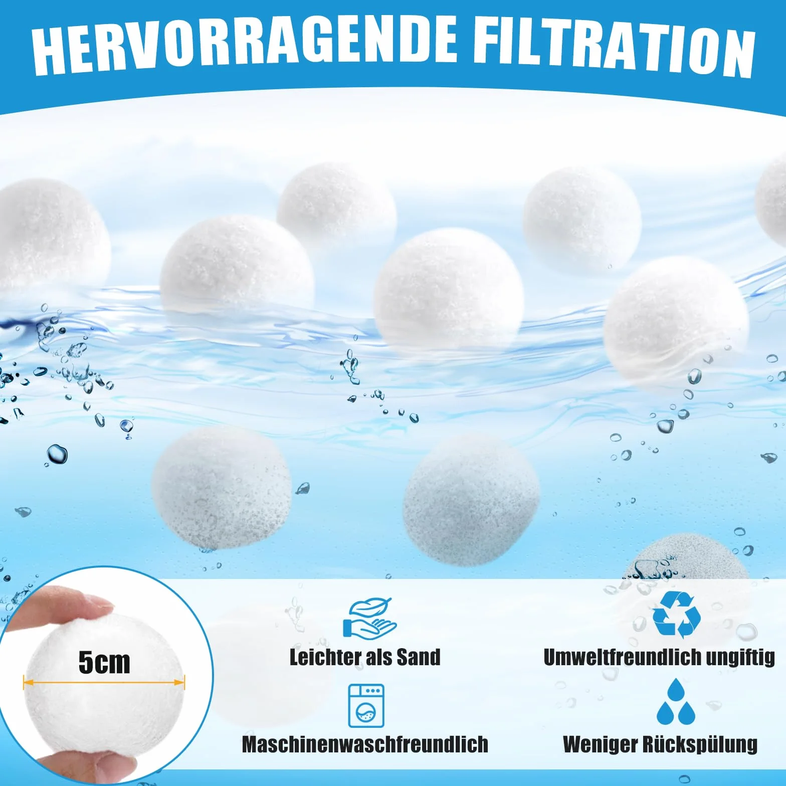 Piłki filtrujące do basenu – 1000 g, kulki filtrujące do instalacji piaskowych, zmywalne kulki filtrujące, 1000 g, zastępują 36 kg piasku filtrującego, nadają się do instalacji filtrujących,