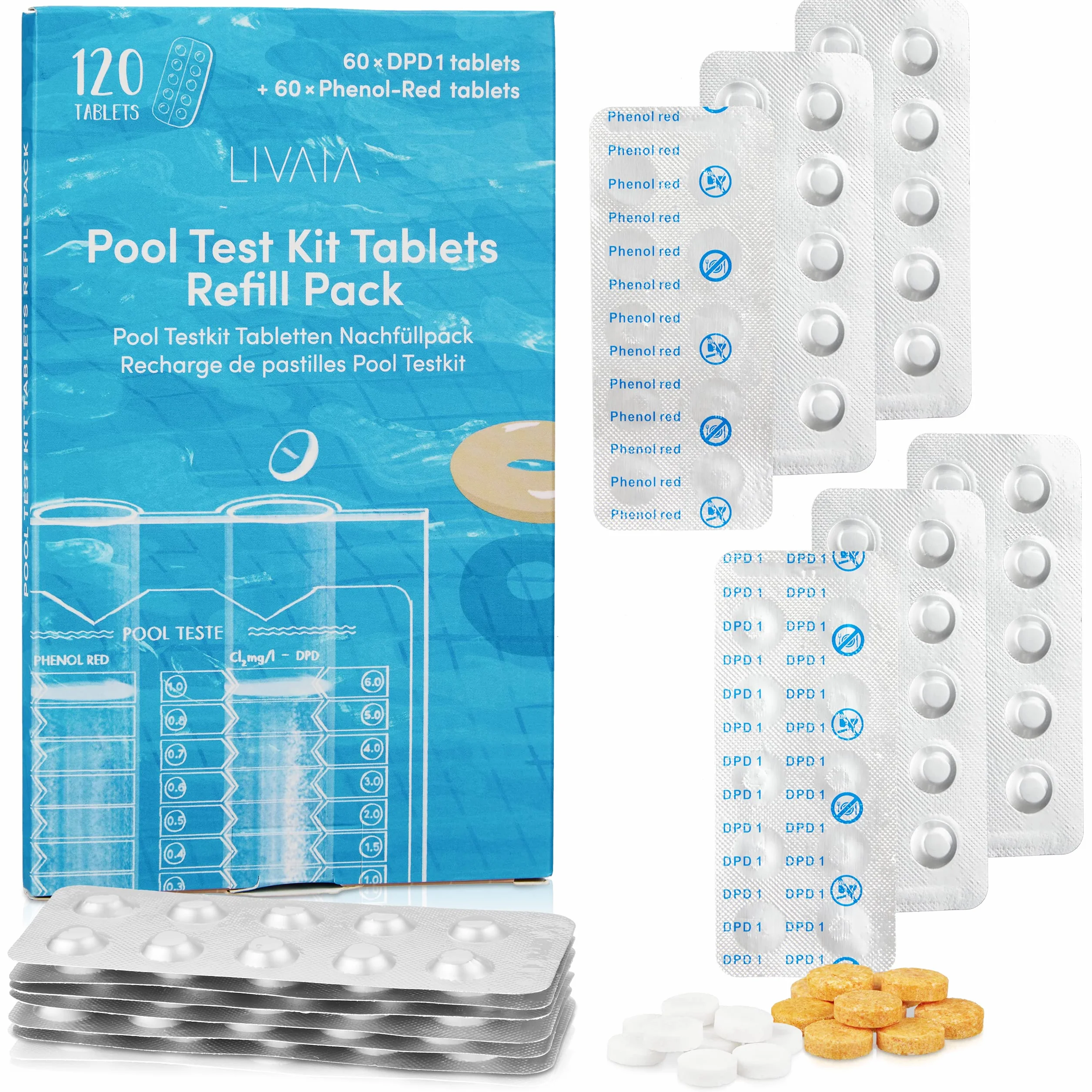 LIVAIA Tester chloru i pH: zestaw 60 tabletek testowych do basenów: 30 tabletek Phenol Red, 30 tabletek DPD1; wartość pH i zawartość wolnego chloru, tester pH
