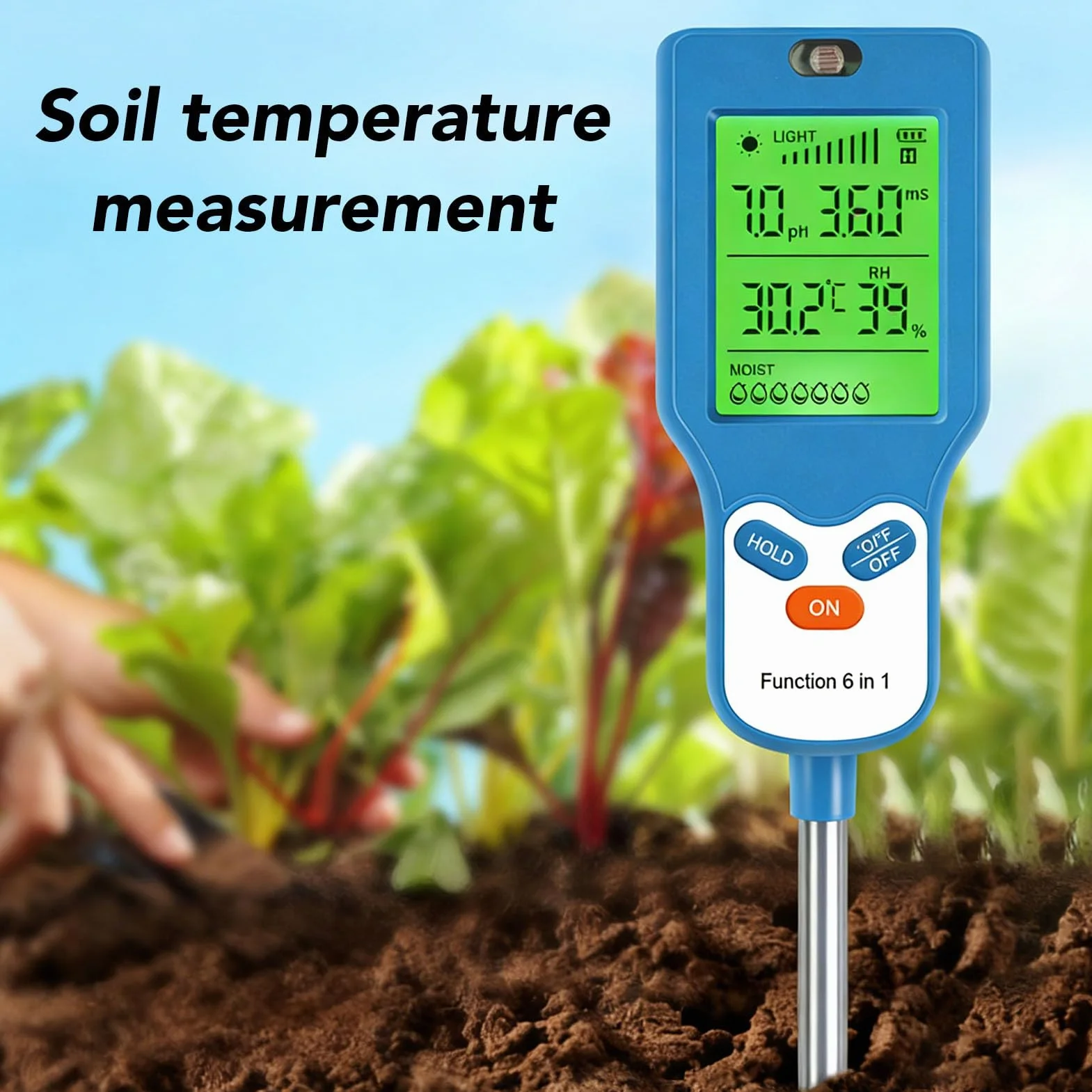 Bewinner Miernik Gleby 6 w 1 PH Wilgotność Światło Temperatura Płodność Podświetlenie LCD Instrument Ogrodniczy
