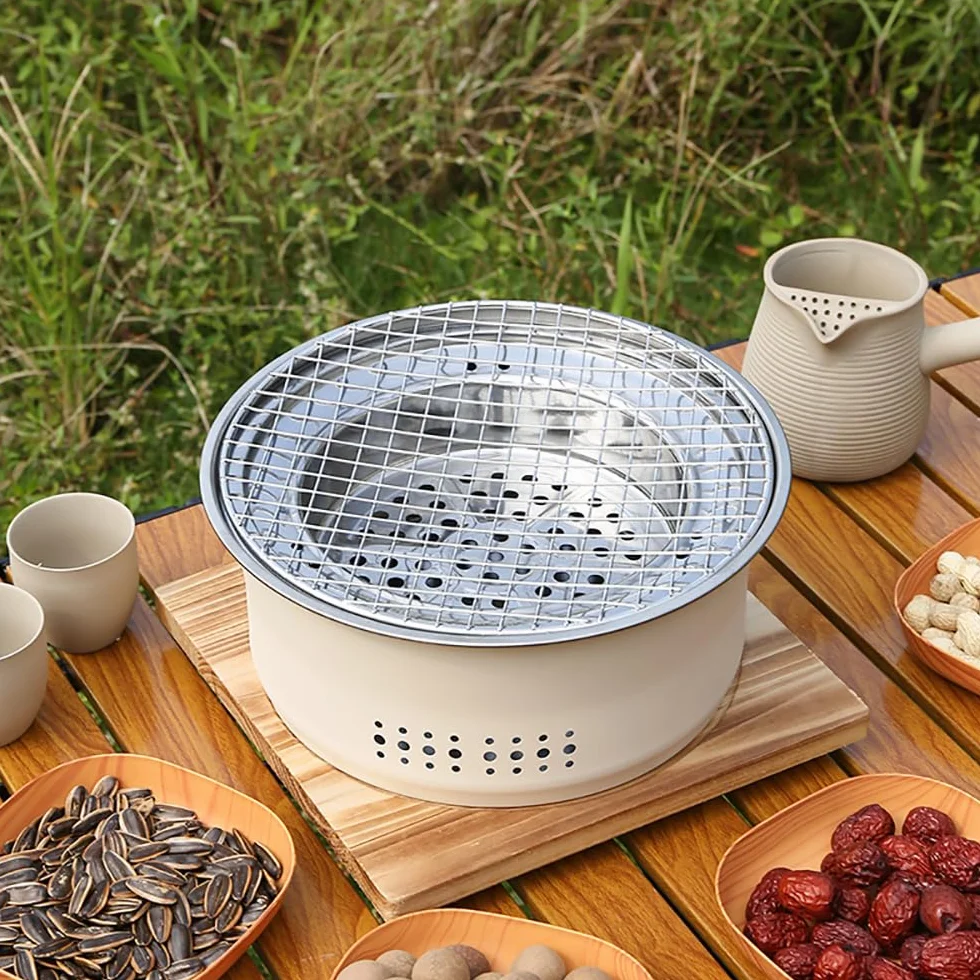 SANQIAHOME Przenośny grill na węgiel ze stali nierdzewnej, 25 cm, antypoślizgowy, okrągły, grill lub gorący garnek, wrząca woda, piec na węgiel drzewny do domu, na imprezę na świeżym powietrzu,