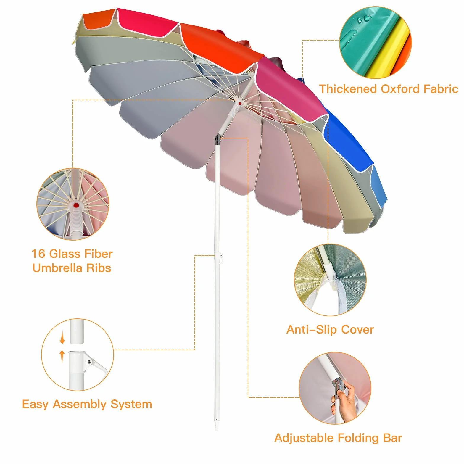 KOMFOTTEU Parasol przeciwsłoneczny, plażowy, 243 cm, ochrona przed słońcem, parasol plażowy, składany, lekki, z torbą do przenoszenia, parasol tarasowy do użytku na zewnątrz