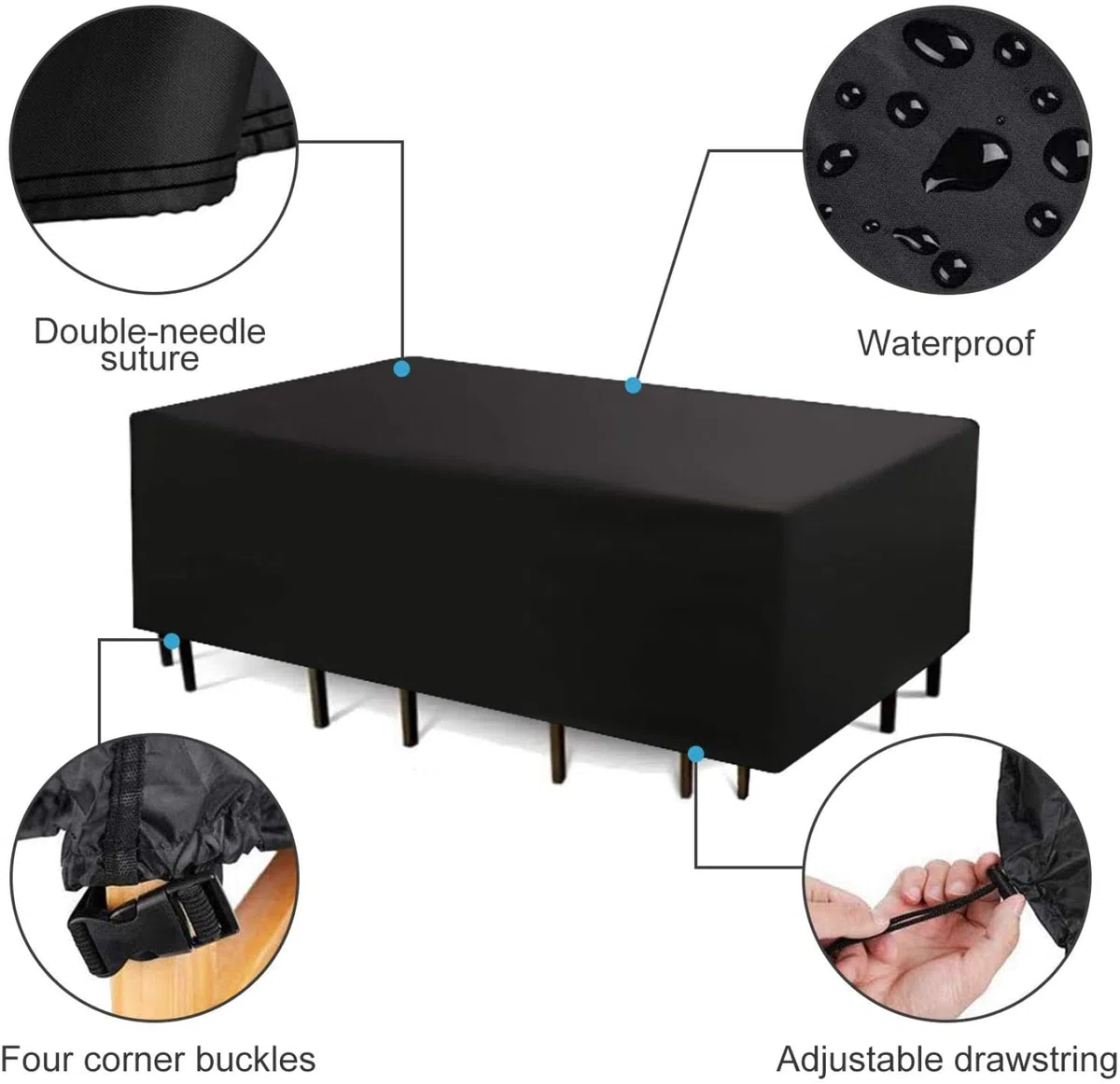 Wodoodporny pokrowiec na meble ogrodowe 380 x 180 x 85 cm, prostokątny, odporny na promieniowanie UV, tkanina Oxford 420D, ochrona na zewnątrz, ze sznurkiem, na stół i krzesła tarasowe